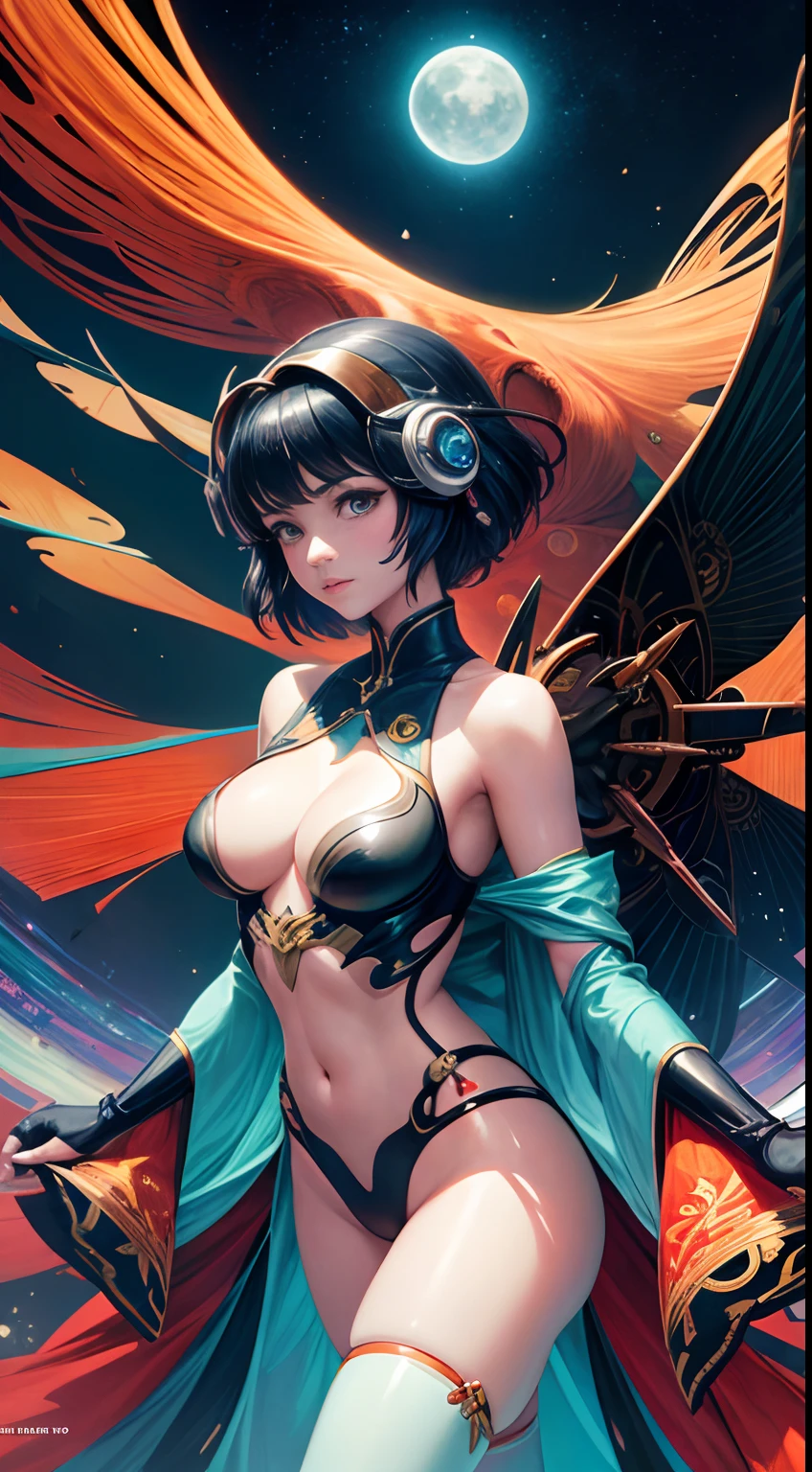 Kilian Eng, Phoebe Anna Traquair, Japanese Anime, Surreal Mysterious Bizarre Fantastic Sci-fi Fantasy, solo beautiful girl, perfect voluminous sexy body, erotic, Use of VR technology in Yunnan Su tribe, Pieces of light, Soft moon, Spaceship takeoff, detailed masterpiece
