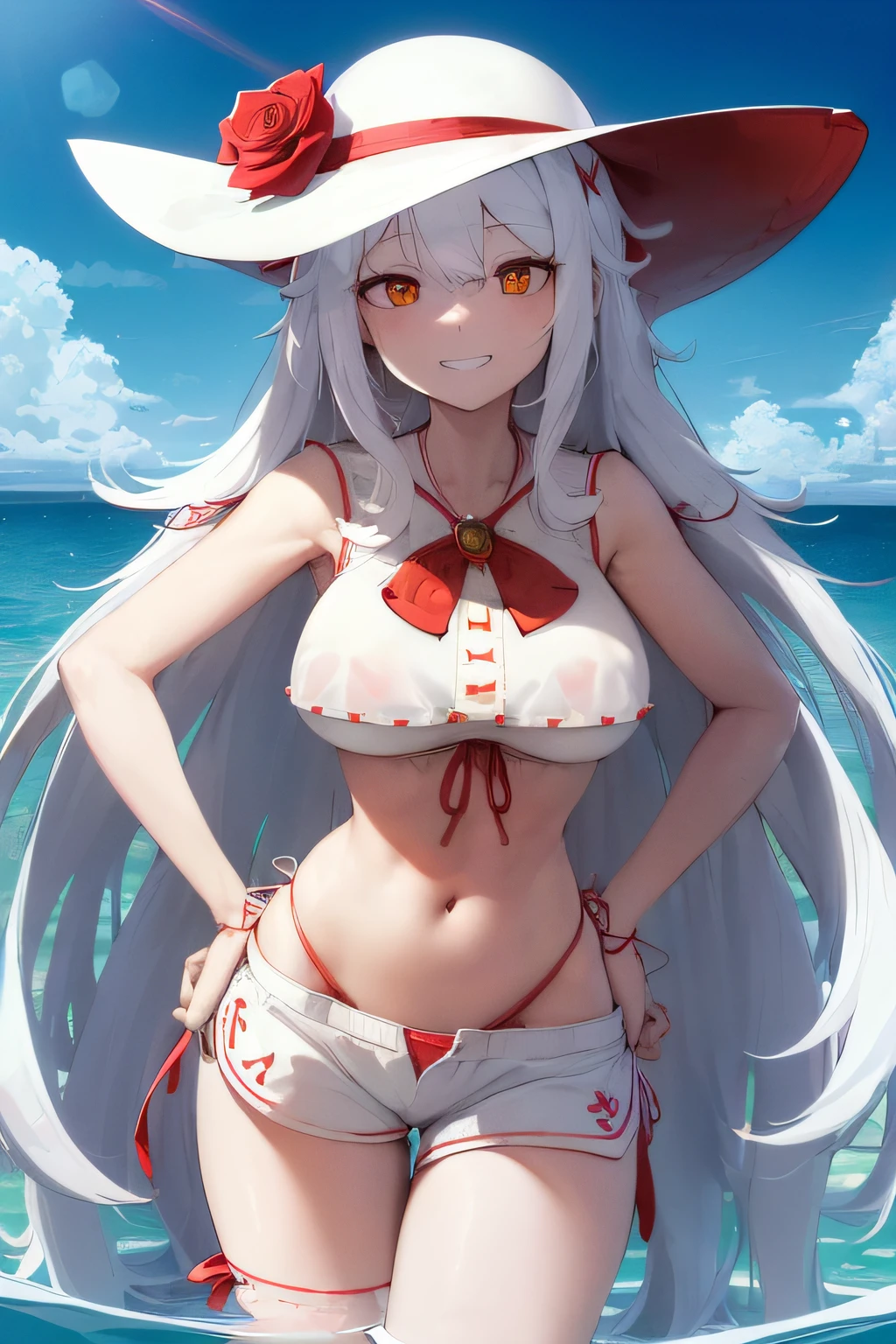 best quality, ultra detailed, highres, breast focus, looking at viewer, 1girl, wading, (outdoors:1.2), ocean, (very long white hair:1.4), sun hat with red rose brooch, yellow eyes, smiling, grin, (medium breasts:1.2), (white crop top with red ribbon trim:1.4), narrow waist, hands on hips, round hips, (red side-tie bikini bottom:1.25), (white shorts:1.4)