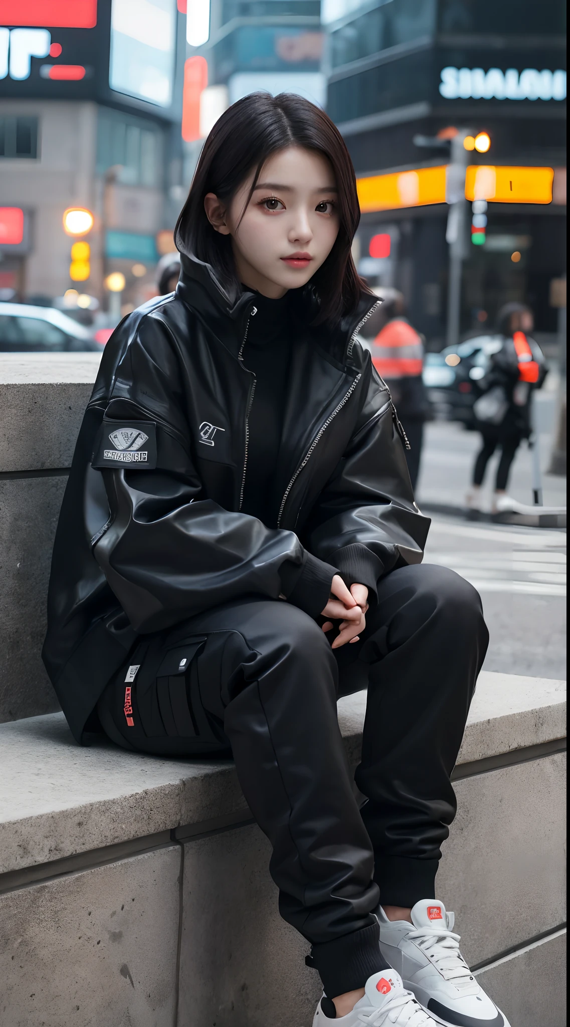 8K, RAW photos, Best quality, Masterpiece: 1.2),(best qualtiy,8K, Yes,32K,masterpiece,hyper HD:1.2) , 20 years old, arafed girl sitting on a ledge with his feet up, 2 techwear women, wearing japanese techwear, photograph of a techwear woman, wearing urban techwear, techwear look and clothes, cargo pants. cyberpunk city, wearing cyberpunk streetwear, techwear clothes, wearing space techwear, techwear fashion, cyberpunk streetwear, she is wearing streetwear