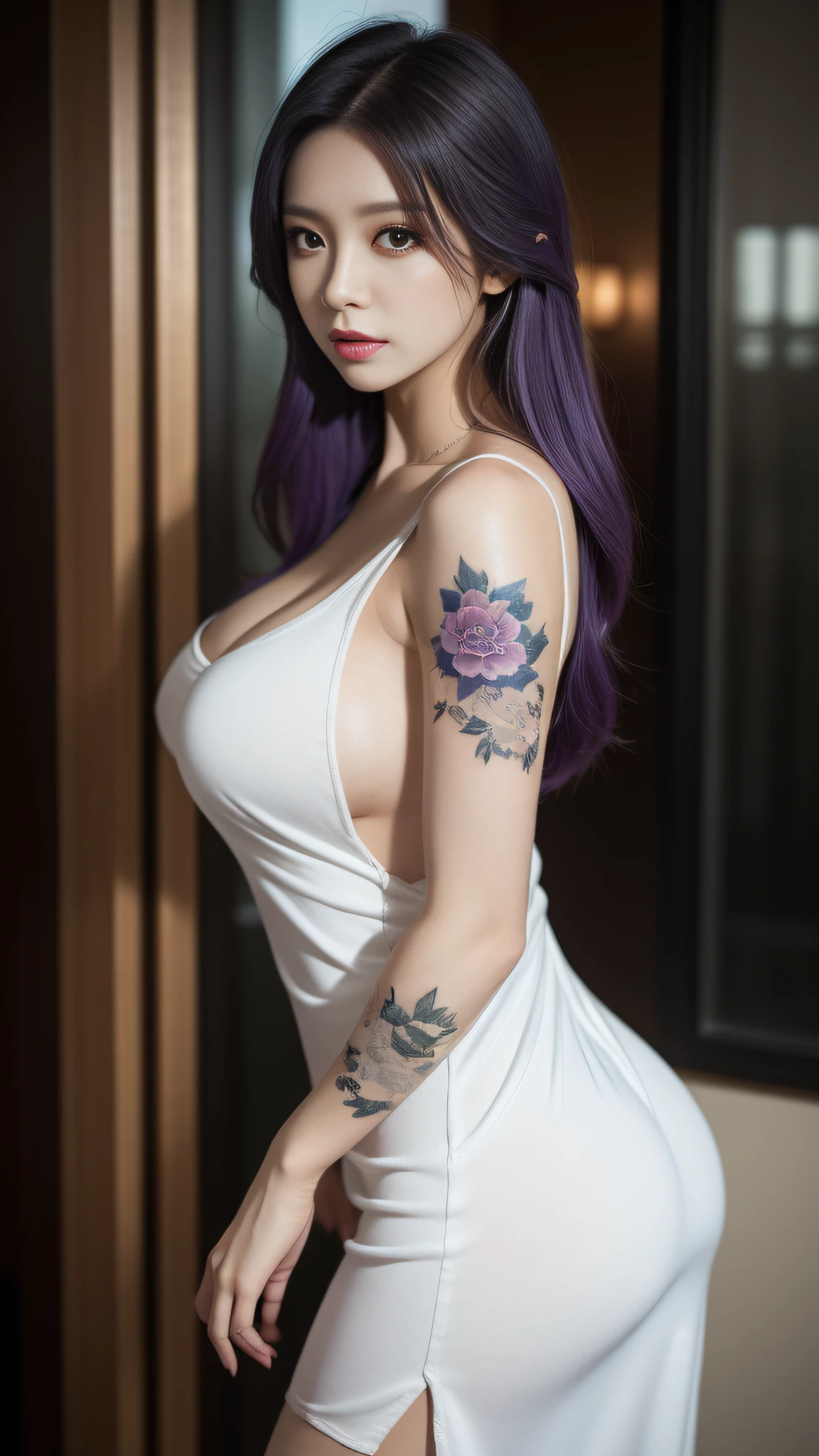 (very detailed background:1.0), (highly detailed background:1.0), (Masterpiece), High Quality, 1girl, woman, tattoo, irezumi, depth of field, dynamic lighting, high quality shadows, feminine, plunging neckline, breast curtains, Revealing clothes, , white dress, reze, purple hair