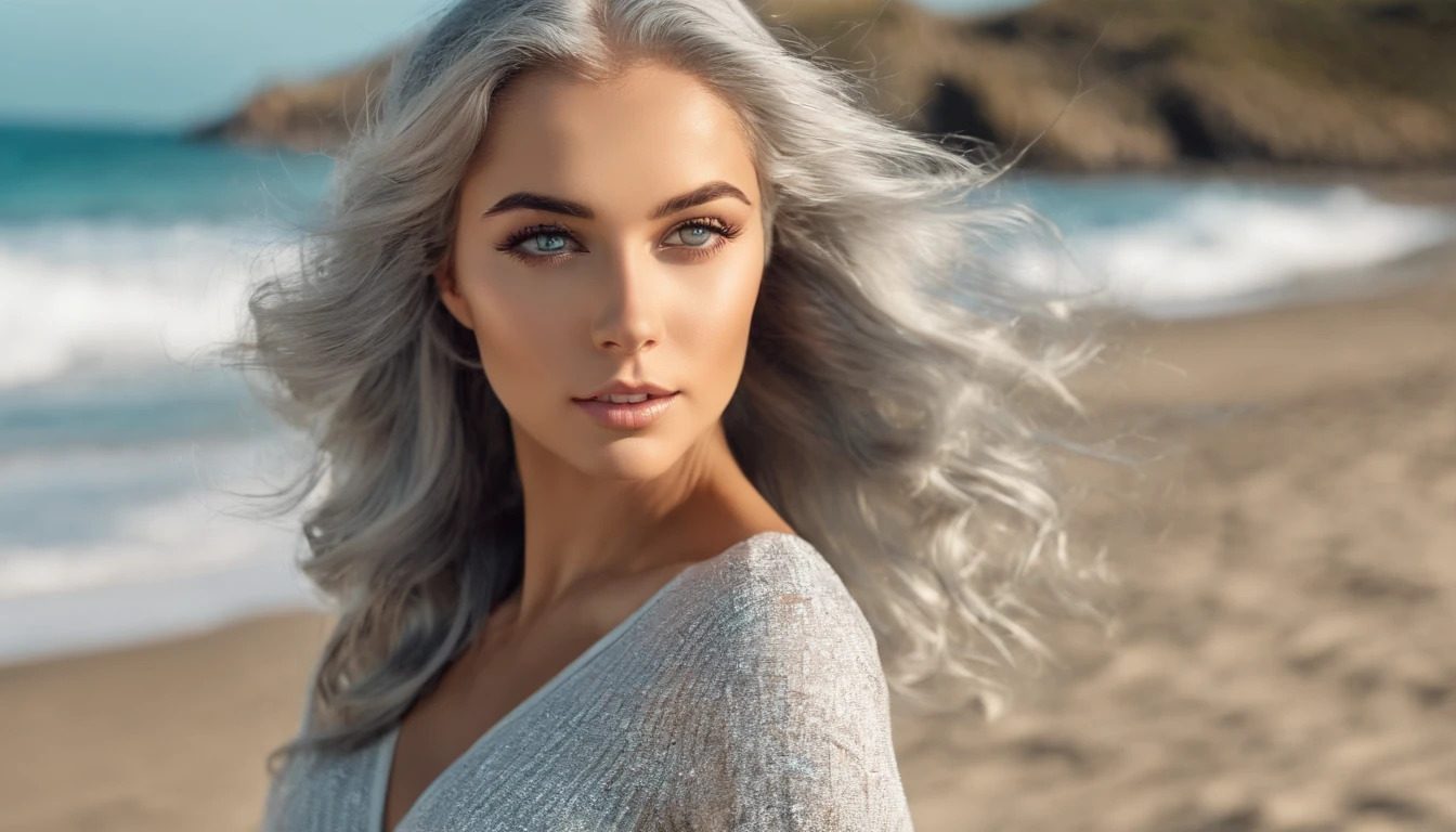 White sheer short tank top dress girl, Sexy girl with green eyes, Portrait of Sophie Mudd, (Big Eyes:1.2 ), (Subtle turquoise eyes), (Voluminous gray hair:1.8), (Silver-haired hair), (large eyes), (Silver-haired hair), (large eyes), (Silver-haired hair), (large eyes), Selfie of a young woman, without makeup, natural makeup, Straight Looking at the Camera, Faces with artgrams, Subtle makeup, Amazing full-body shots, Pierced green eyes, Beautiful angles, attractive pose, Cute Girl, Sexy Pose, full body photograph, s whole body, full body shooting, Brunette Goddess, High Detail, Satisfying pose, seaside, waves, Sunny weather