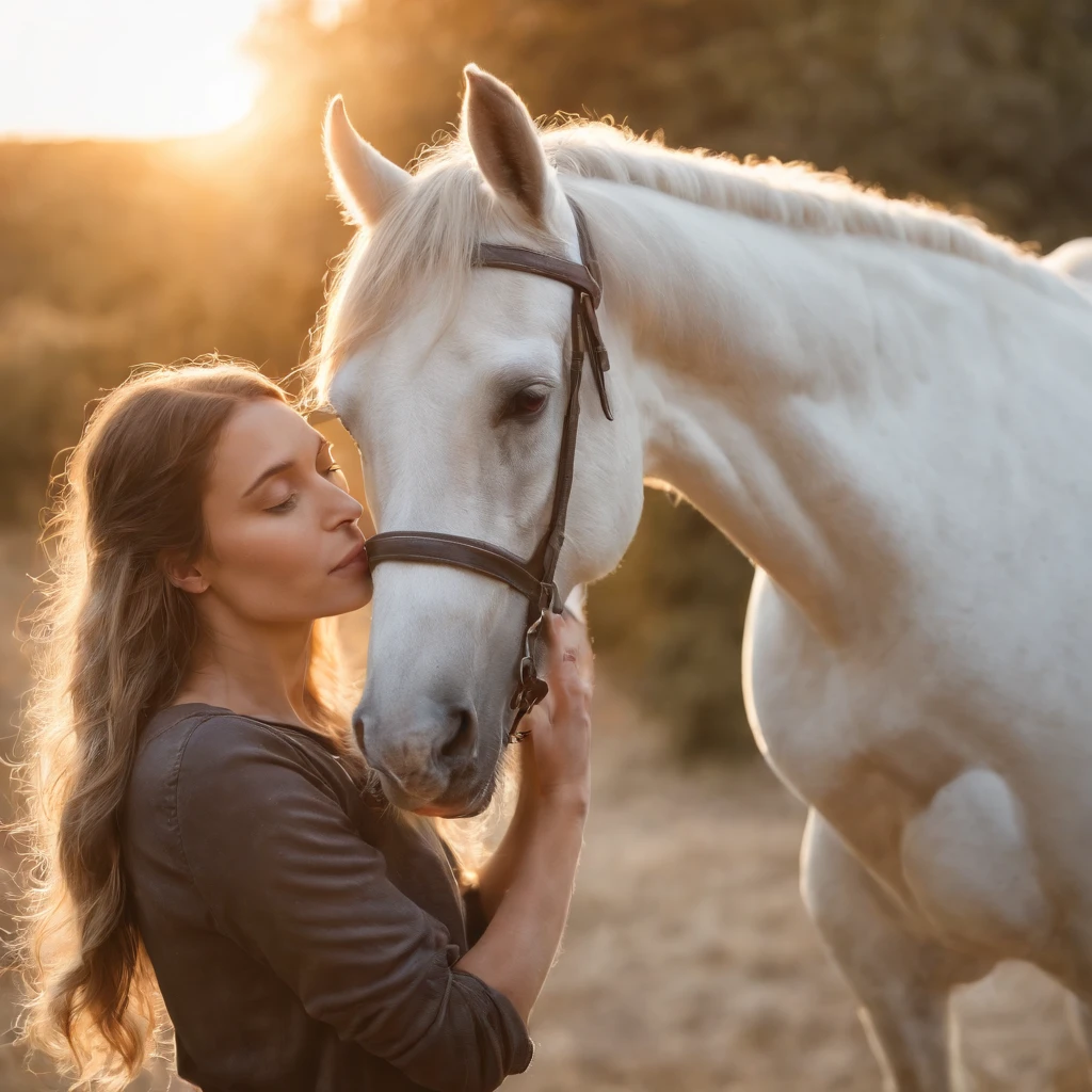 There is a girl who is next to a white horse, una foto de Wayne England, Ganador del Concurso Pixabay, Romanticismo, morning golden hour, Hora dorada brillante, en la puesta de sol, Luz del amanecer, Luz del atardecer, Luz de la Hora Dorada, Luz dorada suave, Luz dorada, en la puesta de sol, En la hora dorada, En la hora dorada, poni, warm light, Lobos salvajes en el fondo