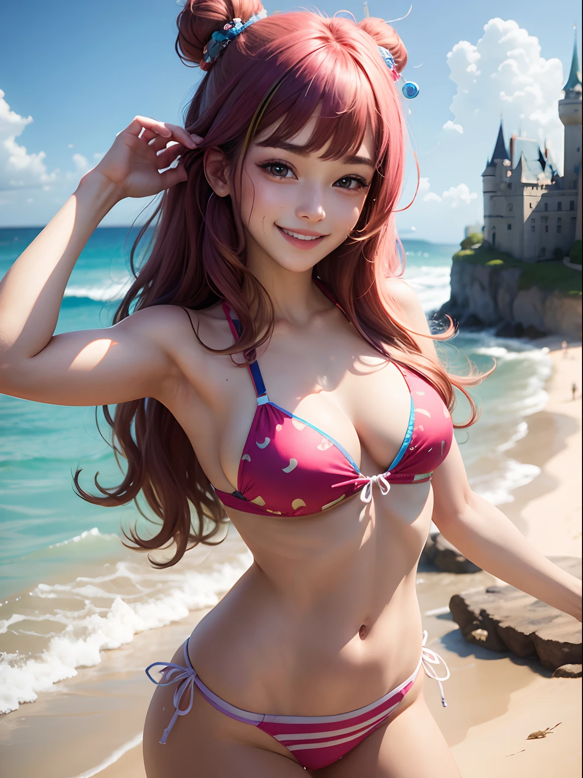 prety woman Hair multicolor borgar castle The bikini A smile