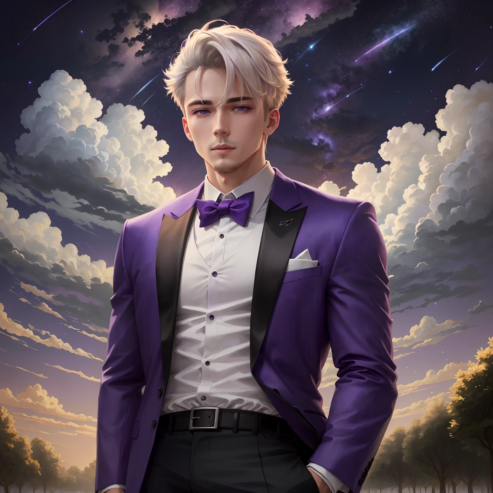 Adult Man Blonde, Purple Sky, ighly detailed, Purple clouds, white color hair, Purple Sky, purpleish color, Jackets and formal wear, stele, stars on sky,shooting stars