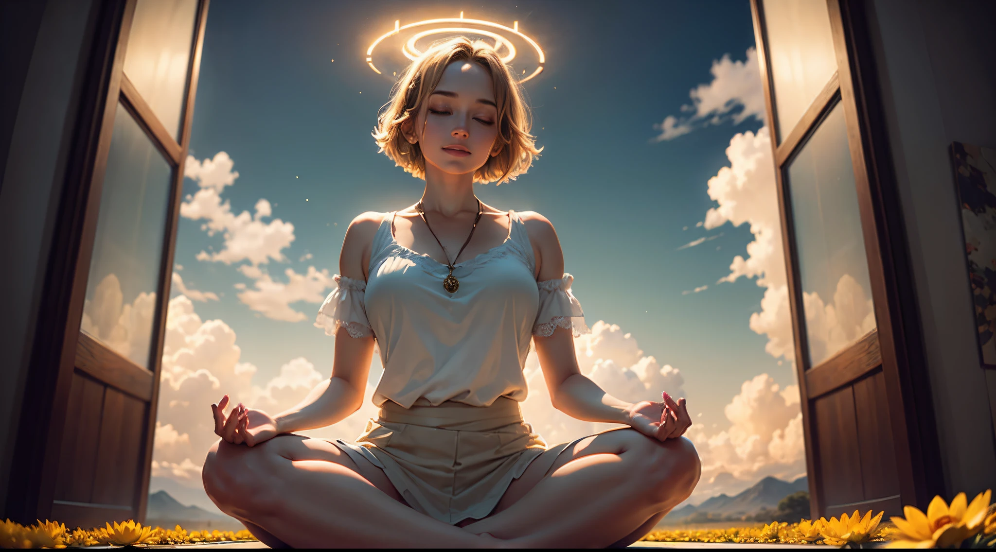 Surrounded by a golden circular halo, Woman sitting cross-legged on a huge golden lotus flower meditating in meditation, Frontal image of the vista, clouds, lifelike texture, happy laughing, (extremely detailed CG unity 16k wallpaper:1.1), ((ultra-detailed)), cinematic angle, beautifully detailed sky, cinematic lighting, (bloom), drop shadow, panorama, wide shot, (((best quality))), (((masterpiece)))