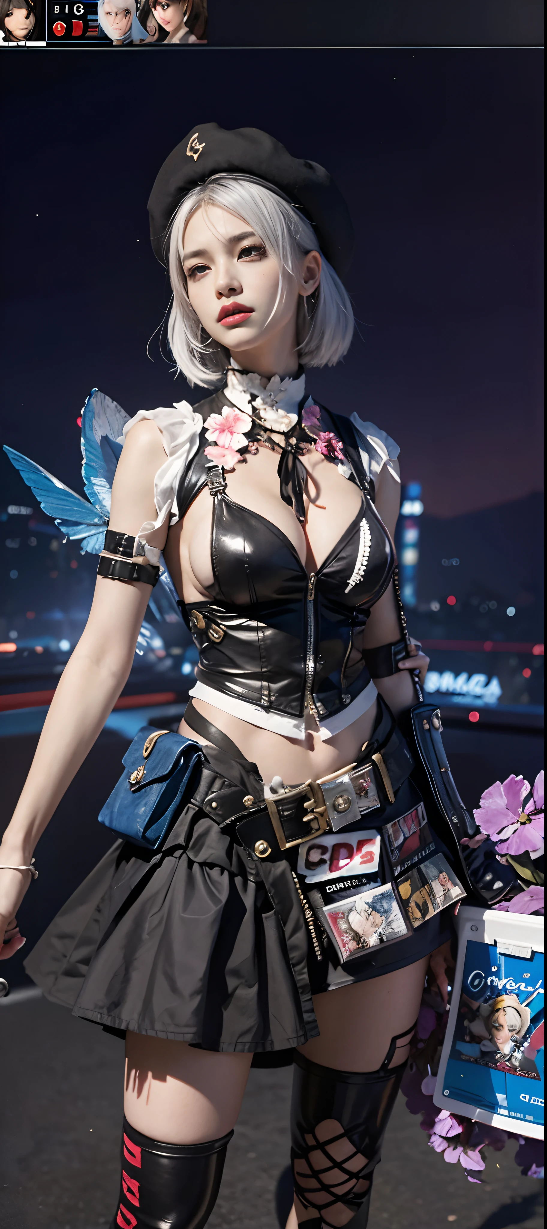 a close up of a person in a costume with a sword, as a character in tekken, female character, tifa lockhart with white hair, katana zero video game character, lunar themed attire, kda, slim body, cyborg - girl with silver hair, upper body avatar, (( medium breast;1.2)), fashion gameplay screenshot, fighting game character, new character, floralpunk elysian maiden, sigma female