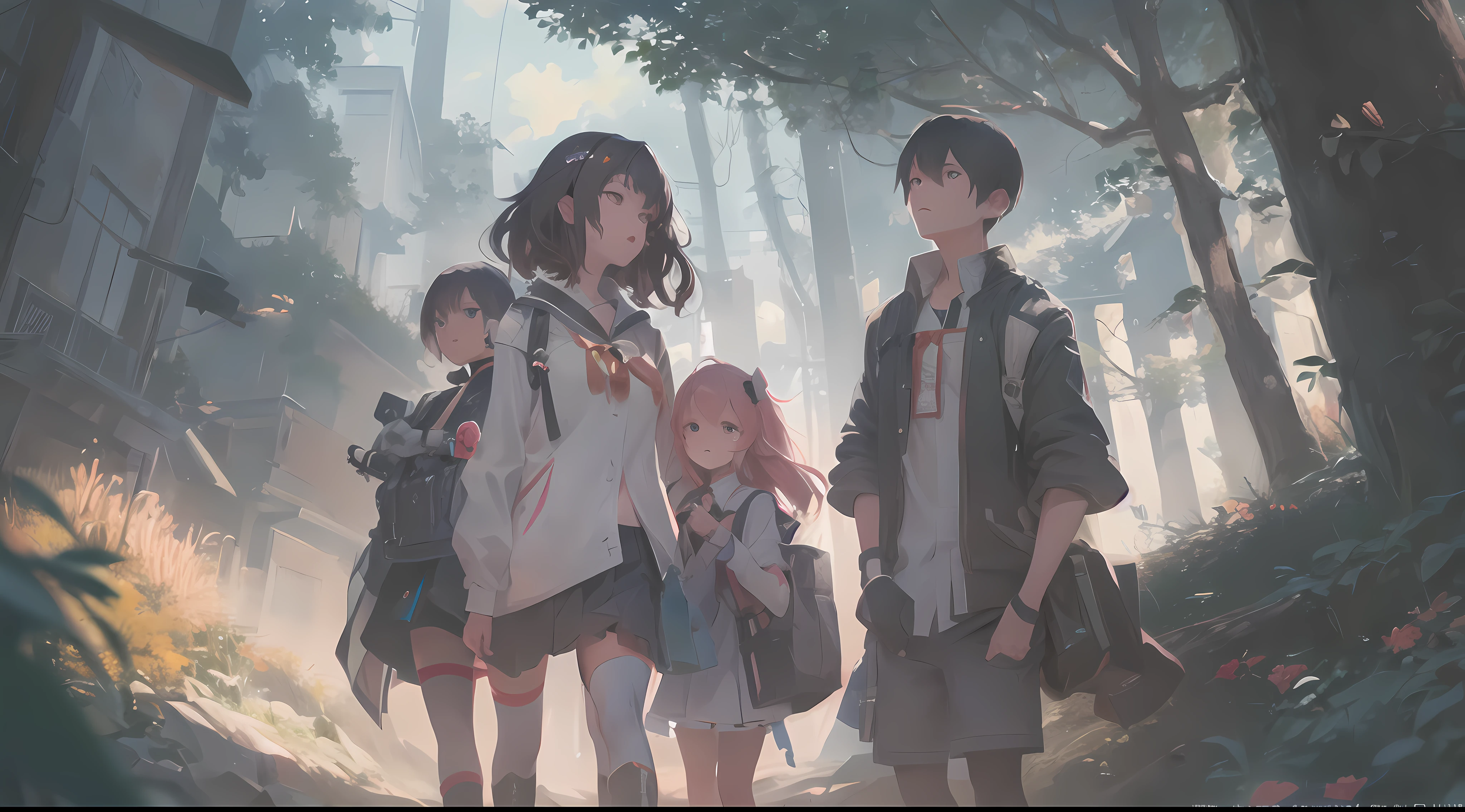 Generate a masterpiece, anime, viewed from front upcloser look, melancholy of five or more children's enjoying themselves while roaming, forest, backpack, trees, sun, sunlight, hd wallpaper, ( ( makoto shinkai ) ), official art, guweiz and makoto shinkai, artwork in the style of guweiz, guweiz, ross tran and makoto shinkai, guweiz on pixiv artstation