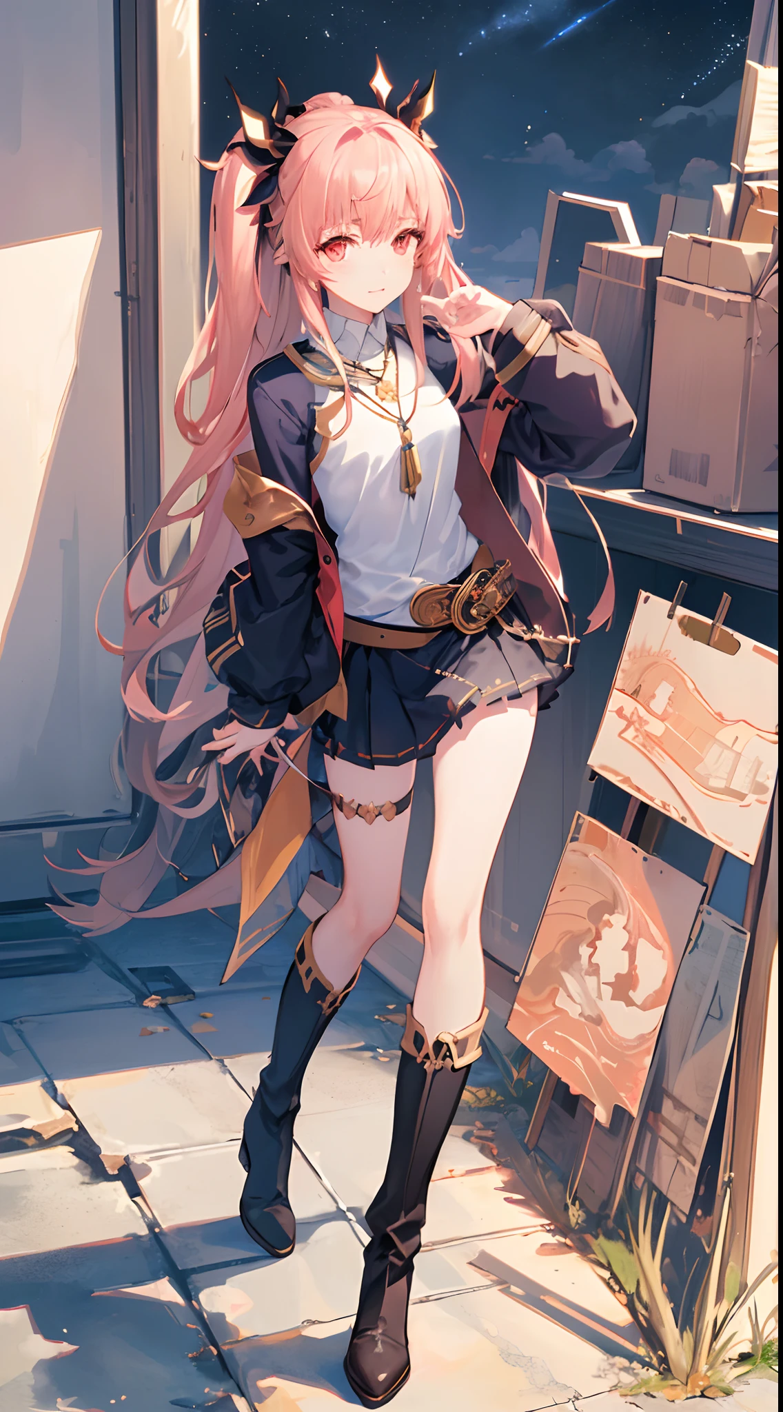 masterpiece, best quality, dynamic angle,official art, extremely detailed CG unity 8k wallpaper, full body,
1girl, solo, ishtar \(fate\), (fallingfromthesky:1.3), sad,
(jacket,), (shirt:1.3), miniskirt, pendant, boots,
looking up, close to viewer, cloudy sky,