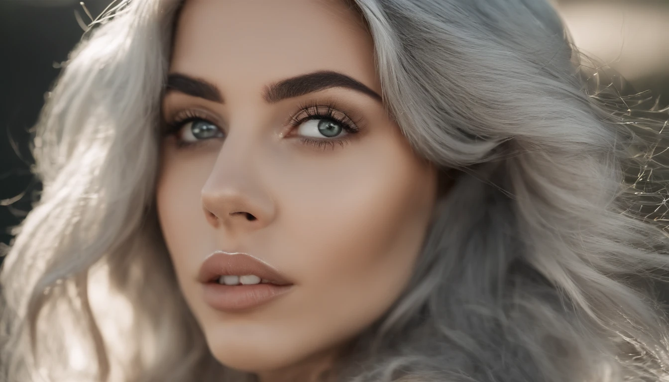 White sheer short tank top dress girl, Sexy girl with green eyes, Portrait of Sophie Mudd, (Big Eyes:1.2 ), (Subtle turquoise eyes), (Voluminous gray hair:1.8), (Silver-haired hair), (large eyes), (Silver-haired hair), (large eyes), (Silver-haired hair), (large eyes), Selfie of a young woman, without makeup, natural makeup, Straight Looking at the Camera, Faces with artgrams, Subtle makeup, Amazing full-body shots, Pierced green eyes, Beautiful angles, attractive pose, Cute Girl, Sexy Pose, full body photograph, s whole body, full body shooting, Brunette Goddess, High Detail, Satisfying pose, seaside, waves, Sunny weather, shining sun