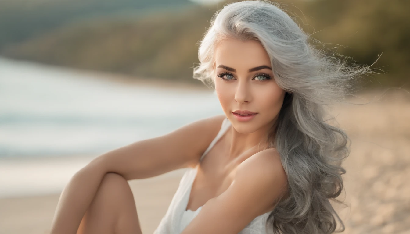 White sheer short tank top dress girl, Sexy girl with green eyes, Portrait of Sophie Mudd, (Big Eyes:1.2 ), (Subtle turquoise eyes), (Voluminous gray hair:1.8), (Silver-haired hair), (large eyes), (Silver-haired hair), (large eyes), (Silver-haired hair), (large eyes), Selfie of a young woman, without makeup, natural makeup, Straight Looking at the Camera, Faces with artgrams, Subtle makeup, Amazing full-body shots, Pierced green eyes, Beautiful angles, attractive pose, Cute Girl, Sexy Pose, full body photograph, s whole body, full body shooting, Brunette Goddess, High Detail, Satisfying pose, seaside, waves, Sunny weather, shining sun