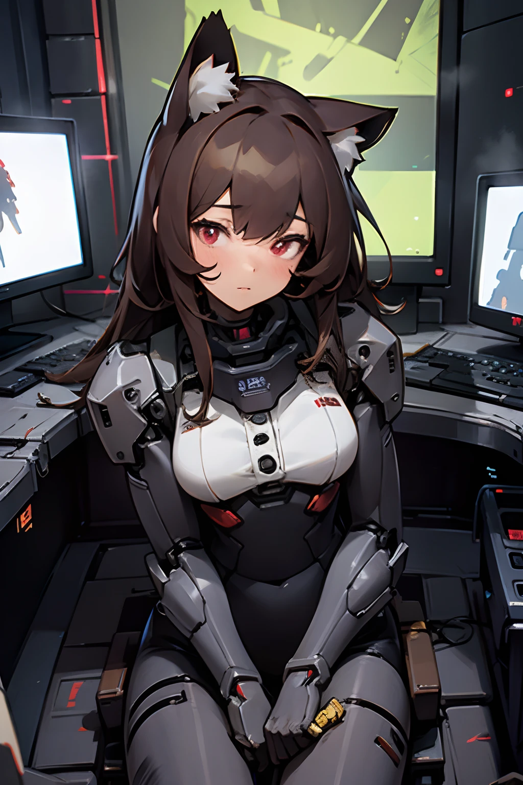 1 girl, masterpiece, depth of field, cat ears, brown hair, glowing red eyes, controlling a mecha, riding a mech, inside armoured vehicle, exosuit, military, cyberpunk, dark interior, glowing monitors, computers, vibrant screens, joysticks, control sticks, interface, holograms, Pilot seat, racing seat, lots of buttons, lots of switches and levers, keyboards,