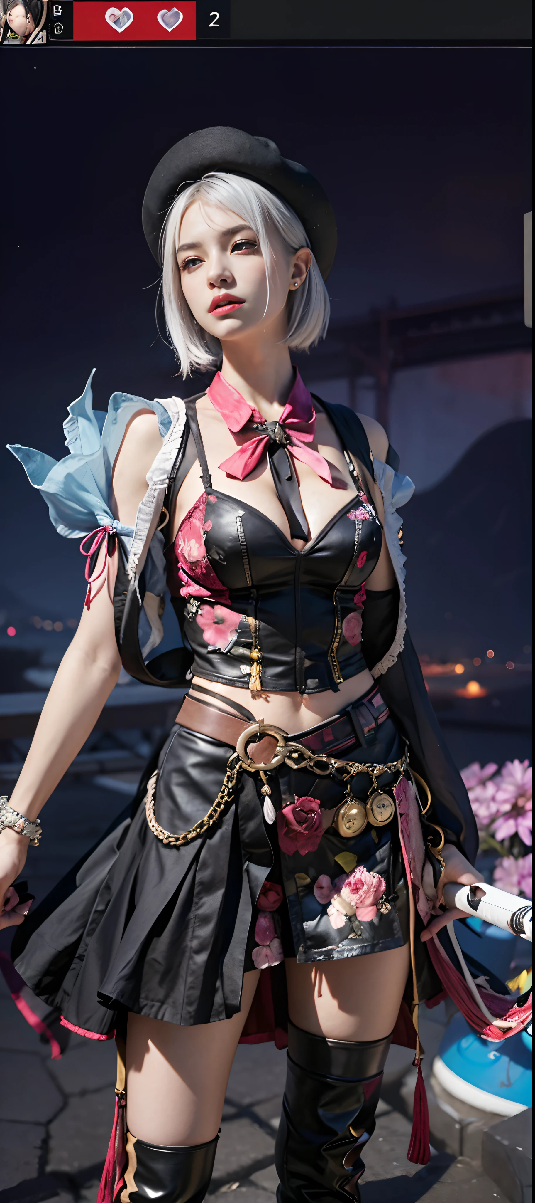 a close up of a person in a costume with a sword, as a character in tekken, female character, tifa lockhart with white hair, katana zero video game character, lunar themed attire, kda, slim body, cyborg - girl with silver hair, upper body avatar, (( medium breast;1.2)), fashion gameplay screenshot, fighting game character, new character, floralpunk elysian maiden, sigma female