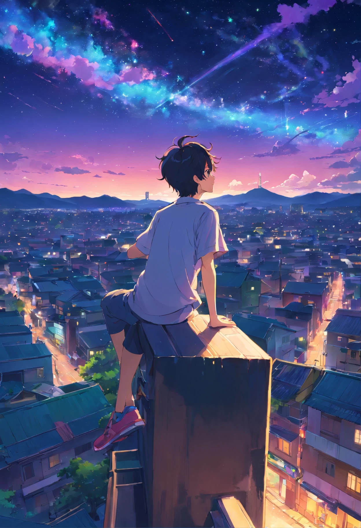 Genrate a masterpiece imagine City landscape below, above dark night sky, [purple, green, blue, pink combined coloured comite falling.] Falling stars, milky way galaxy, a  boy, black hair, blue shiny eyes, white skin, sitting on his house roof observing this night sky with his telescope from below
