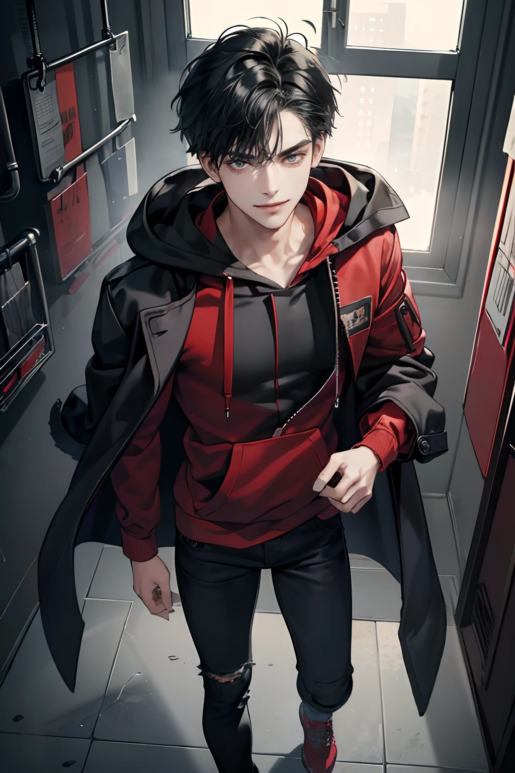 1 boy, Young male, Eyes looking at the camera, Perfect male body, (Red jacket, Black hoodie, wind coat, long black jeans, Evil smile, Straight black hair, Messy hair, jail cell, underground room), Ray tracing,half body