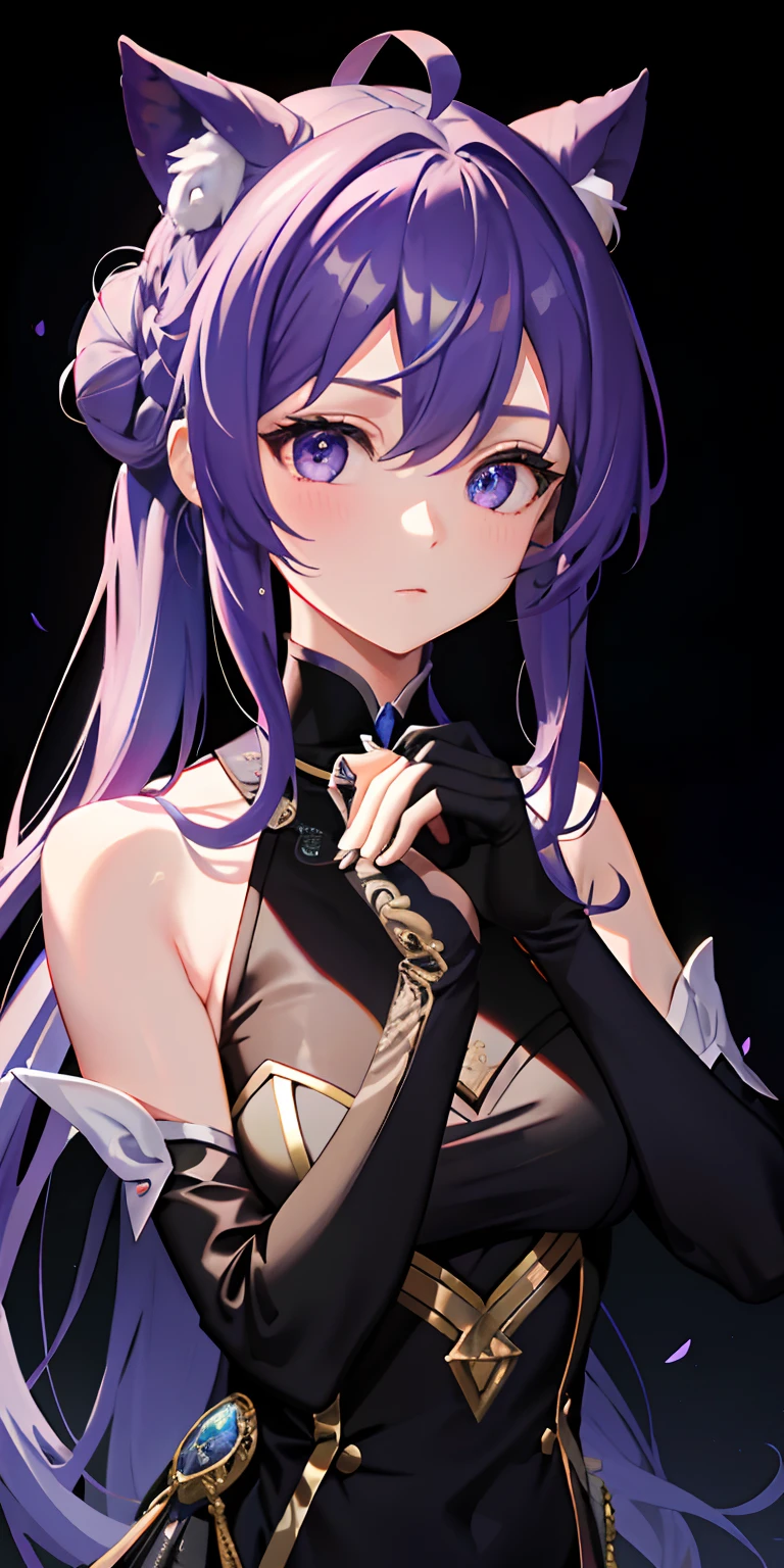 Keqing, Keqing desnuda, trenza, cone hair bun, Hair bun, adorno para el cabello, Cabello largo, purple eyes, purple hair, twintails QUEBRAR hombros desnudos, pantimedias negras, Mangas separadas, vestido, Guantes,, DESCANSO mirando al espectador, QUEBRAR ciudad, QUEBRAR (Obra maestra:1.2), La mejor calidad, High resolution, Unidad 8K Fondo de pantalla, (illustration:0.8), (hermosos ojos detallados:1.6), Cara extremadamente detallada, Perfect lighting, CG extremadamente detallado, (Manos perfectas, Perfect anatomy),