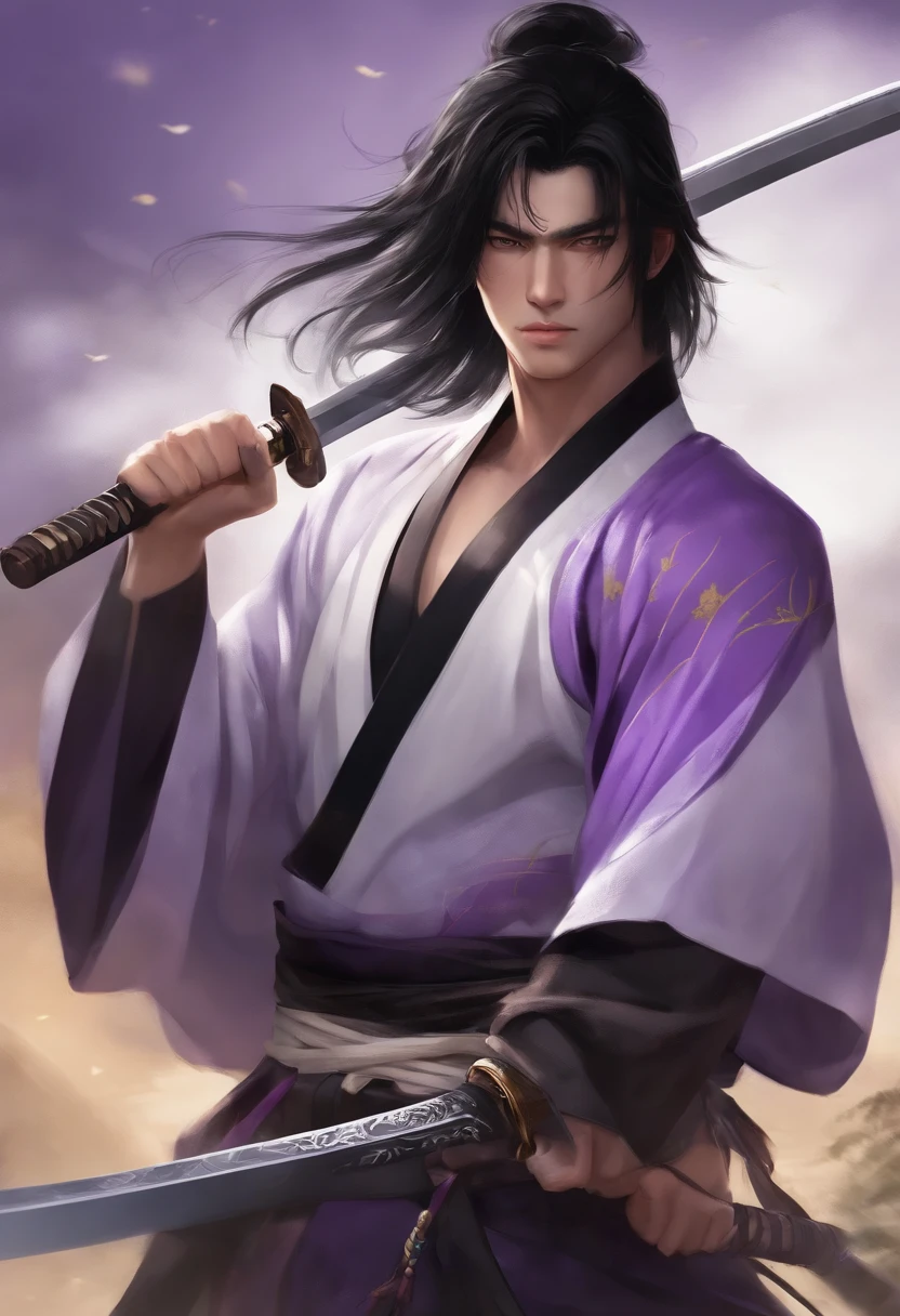 guy, black hair, ripped, big shoulders, medium chest, slim waist, long hair, black and purple katana, purple and white samurai clothes, handsome face, white eyes, yellow pupil, ripped forearms