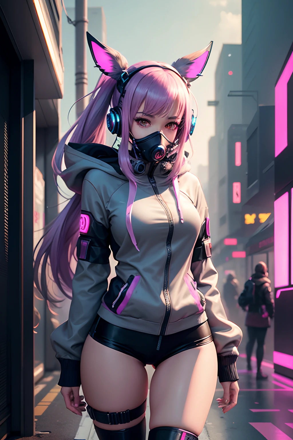 （Anime girl with headphones with rabbit ears and gas mask）,Gray long ponytail hairstyle，There are pink-purple lights and blue lights on the body， Digital cyberpunk anime art, cyberpunk anime girl in hoodie, Best anime 4k konachan wallpaper, digitl cyberpunk - anime art, cyberpunk anime girl, anime cyberpunk art, E-Girl, e - girl, cyberpunk anime art, female cyberpunk anime girl, Anime cyberpunk moderno, Cyberpunk art style，