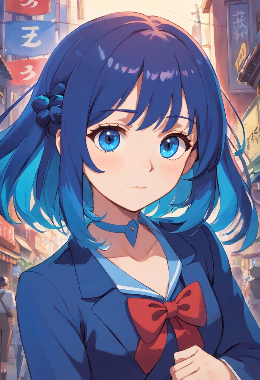 una waifu 2d de ojos azules, cabello corto negro, en traje escolar con falda y cuerpo sexy