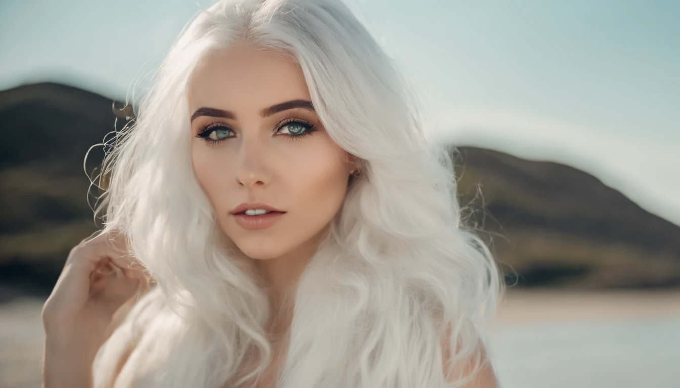 White sheer short tank top dress girl, Sexy girl with green eyes, Portrait of Sophie Mudd, (Big Eyes:1.2 ), (Subtle turquoise eyes), (Voluminous white hair:1.8), (Silver-haired hair), (large eyes), (Silver-haired hair), (large eyes), (Silver-haired hair), (large eyes), Selfie of a young woman, without makeup, natural makeup, Straight Looking at the Camera, Faces with artgrams, Subtle makeup, Amazing full-body shots, Pierced green eyes, Beautiful angles, attractive pose, Cute Girl, Sexy Pose, full body photograph, s whole body, full body shooting, Brunette Goddess, High Detail, Satisfying pose, seaside, waves, Sunny weather, shining sun