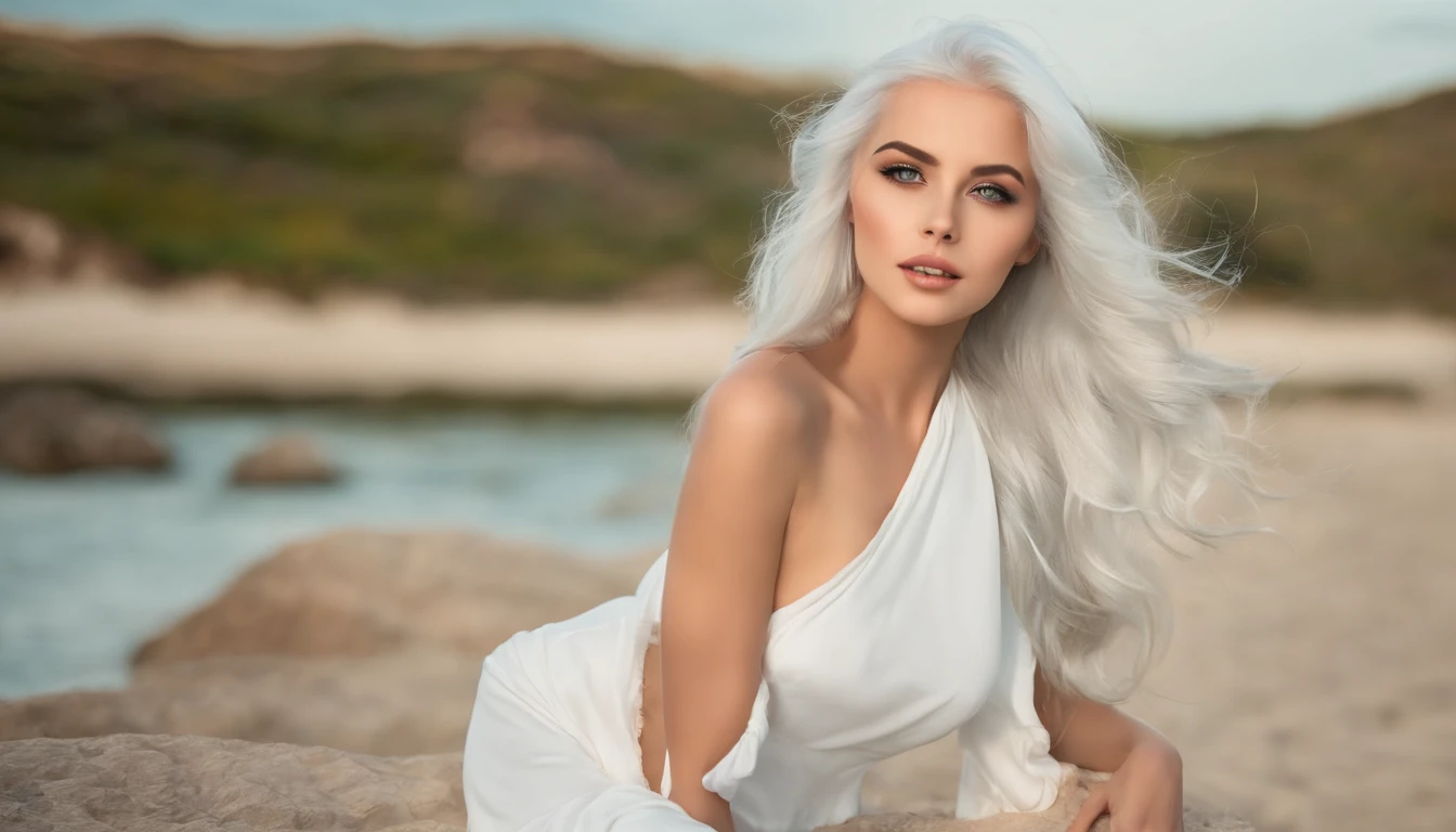 Woman in white tank top and ripped jeans, Sexy girl with green eyes, Portrait of Sophie Mudd, (Big Eyes:1.2 ), (Subtle turquoise eyes), (Voluminous white hair:1.8), (Silver-haired hair), (large eyes), (Silver-haired hair), (large eyes), (Silver-haired hair), (large eyes), Selfie of a young woman, without makeup, natural makeup, Straight Looking at the Camera, Faces with artgrams, Subtle makeup, Amazing full-body shots, Pierced green eyes, Beautiful angles, attractive pose, Cute Girl, Sexy Pose, full body photograph, s whole body, full body shooting, Brunette Goddess, High Detail, Satisfying pose, seaside, waves, Sunny weather