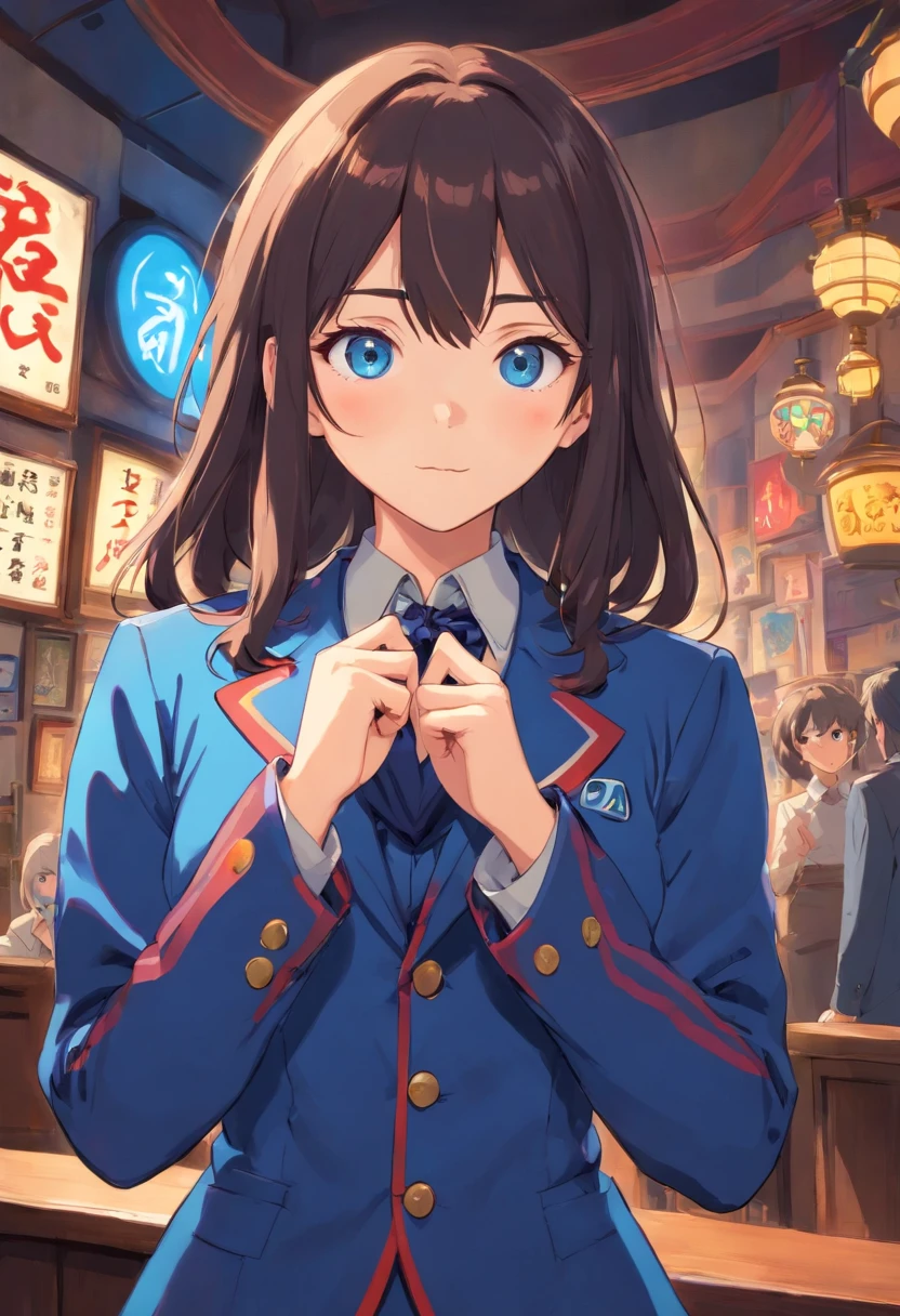 una waifu 2d de ojos azules, cabello corto negro, en traje escolar con falda y cuerpo sexy