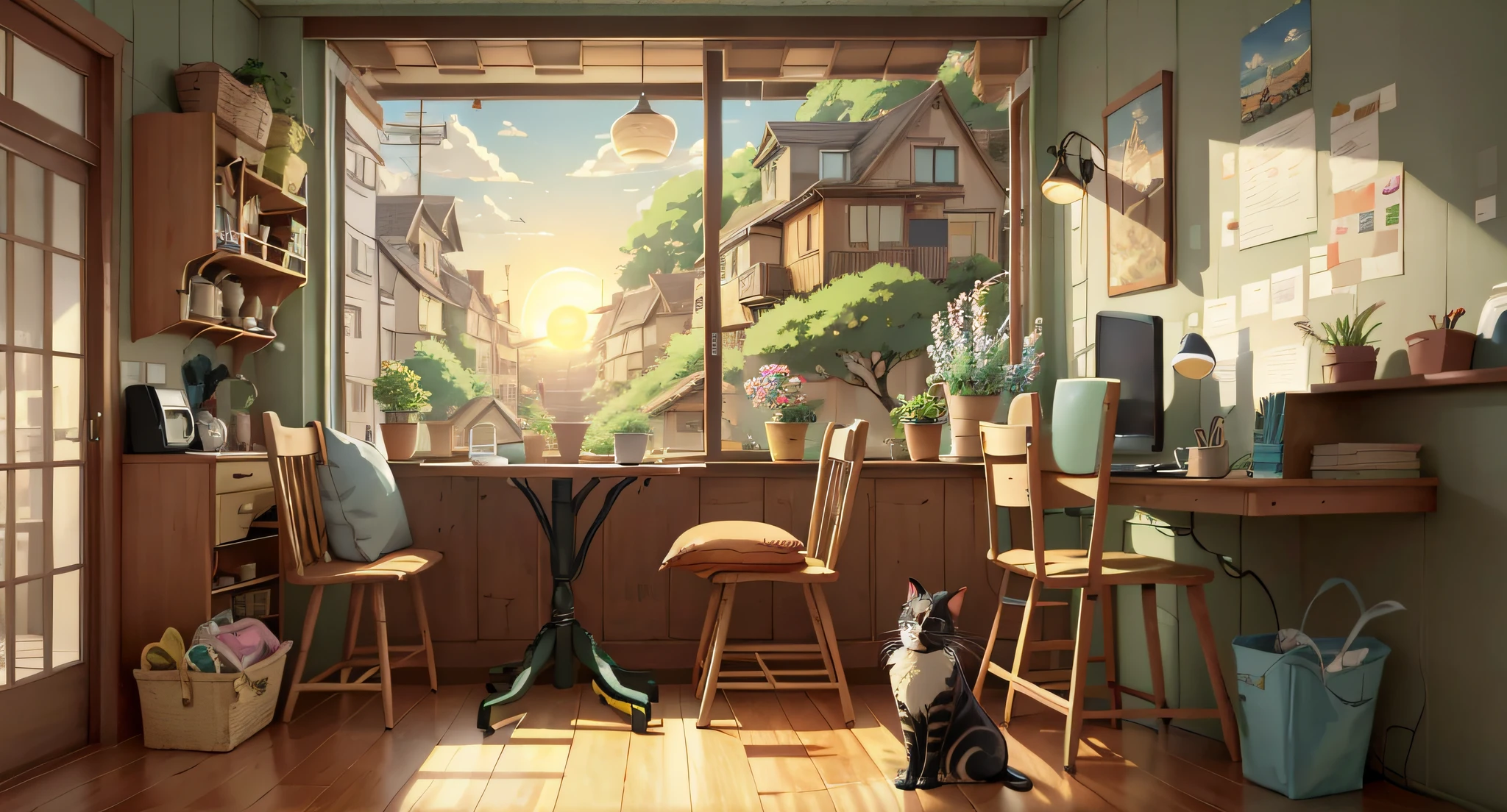 There was a cat sitting in the room,There was a table and chairs, Relaxing concept art, highly detailed scenario, cozy home background, Anime background art, cozy cafe background, the setting sun,apartament, Detailed scenery —width 672, interior background art, atey ghailan 8 k, Cute detailed digital art, drawn in anime painter studio, In Studio Ghibli style