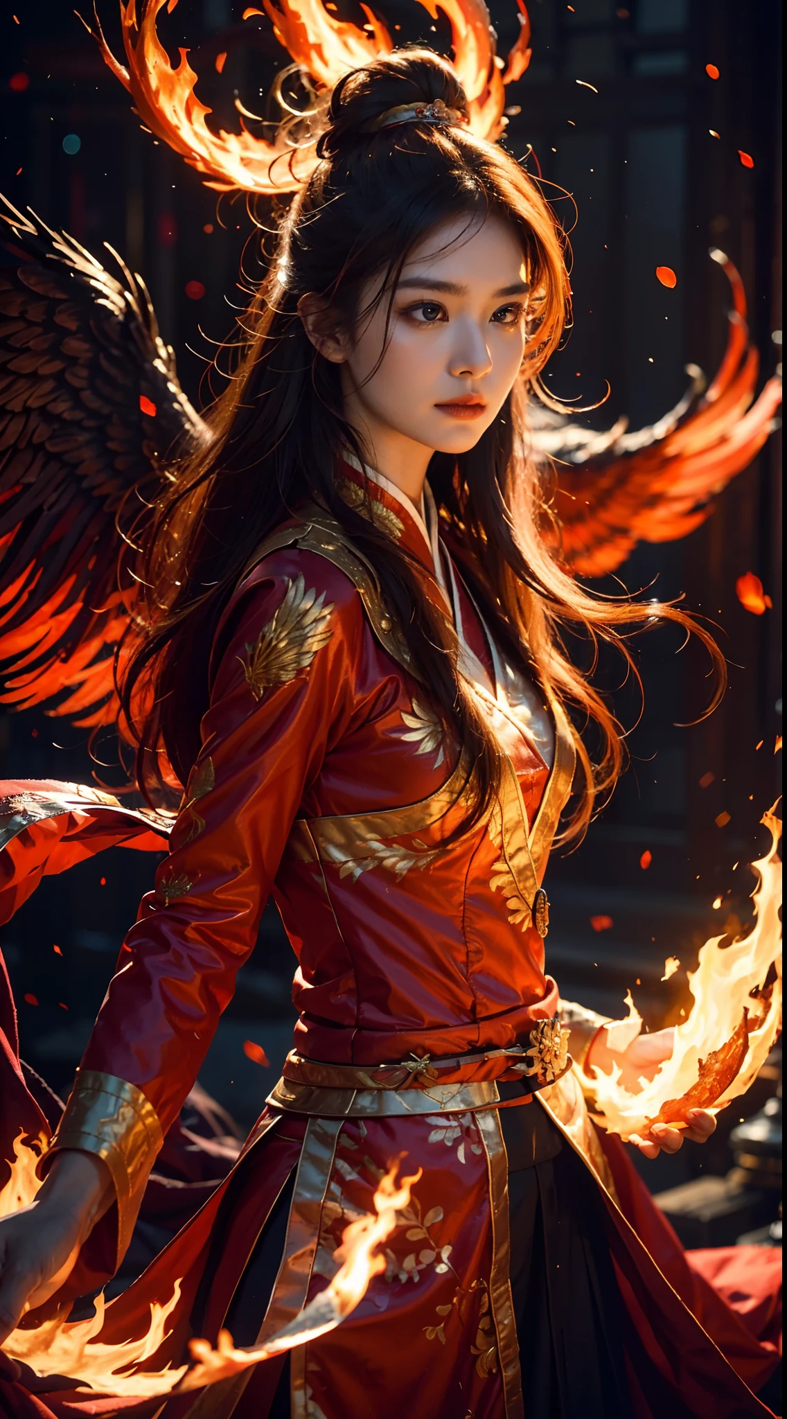 1girll,Flame mage dressed in fiery red(Chinese Hanfu),The robe was embroidered with intricate runes and ornaments,exude fiery breath。He was tall and strong,Hands up,A powerful fire spell is being unleashed。His eyes were firm and sharp,A flash of fire flashed in his eyes,Behind the Flame Mage,(A huge flaming phoenix flew with its wings spread:1.2),(The phoenix's wings burned with roaring flames),Shines brightly,Its body is surrounded by flames,Flaming wings danced,Form a spectacular fiery six-pointed star array pattern,Full of mysterious magic,The whole scene is full of fiery aura and passion for fighting,A large area of flame spells bloomed in the air,A brilliant arc of flames and flying sparks was formed,(Phoenix with Flame Mage),It looks majestic and mysterious in the midst of raging fire,Like the incarnation of fire and magic,red hair,high detal,Ultra-realistic realism,Verism,((Bust Photo)),(Real Photographics:1.4),(lightand shade contrast),cinmatic lighting,Realistic special effects,C4D Rendering,rendering by octane,Ray traching,in a panoramic view,angle of view,textured skint,super detailing,hyper HD,tmasterpiece,anatomy correct,best qualtiy,hight resolution,8K