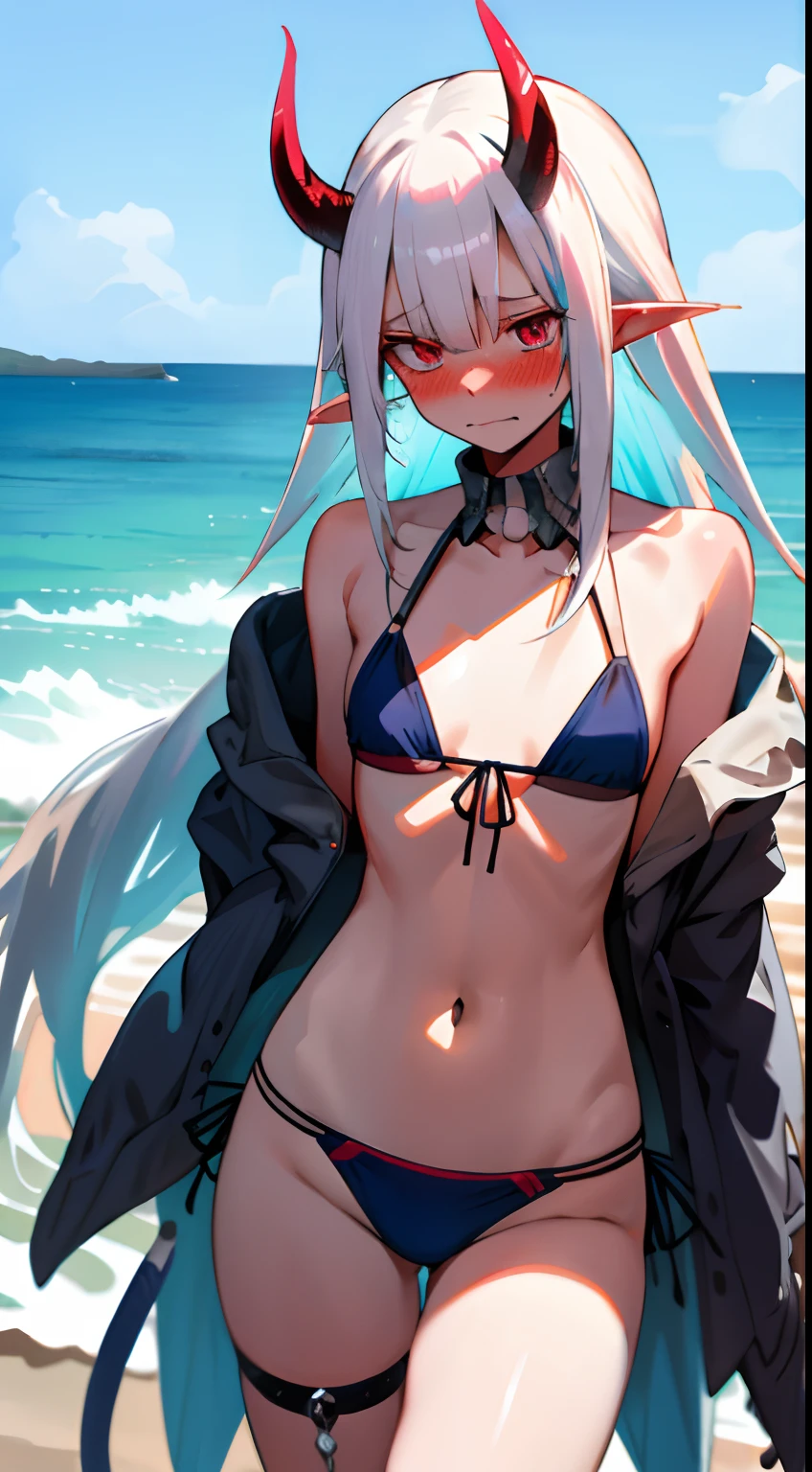 One girl with long hair, white hair, looking away, cowboy shot, embarrassed, blushing, mouth small open, beach, thigh, pointy ears, bikini, demon wings, demon king, demon horn, medium breast