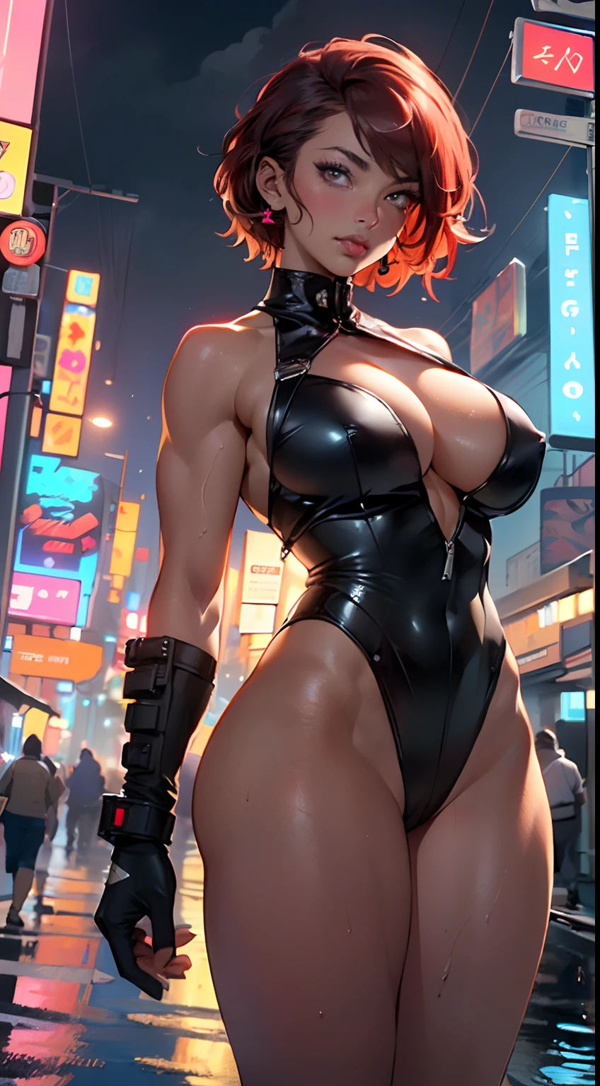 mechanical girl,(1girl: 1.3),((1 black girl with extremely cute and beautiful red hair)),((((black race)))),

(: 1.4),sagging breasts,(((short red hair: 1.35,cropped,redhead,very short hair))),((heterochromia:1.5, (orange_eye and red_eye))),intricate eyes,beautiful detailed eyes,symmetrical eyes,(fat),((((tan,dark skin,black skin:1.35,dark-skinned_female,dark skin:1.3,ebony skin,lustrous skin:1.5,bright skin: 1.5,shiny skin,very shiny skin,shiny body,illuminated skin,wet legs)))),(spider lower abdomen,narrow waist,wide hip ,athletic body,inflated legs,delicate and detailed fingers,detailed body,(detailed face)),((muscle legs)),((muscular thighs)),((muscular girl)),((strong and muscular,bodybuilder,strong body,muscular,feminine and muscular)),((ABS)),(huge stature,tall stature,very tall girl),

cute,slutty,sensual,seductive look,seductive,erotic,((nsfw)),

(fitted overalls: 1.3,suit unbuttoned),(((mechanical tools on his clothing,cyberpunk clothes))),(((huge cleavage))),((wet clothes,intricate outfit,intricate clothes)),

(dynamic pose:1.0),embarrassed,(centered,scale to fit dimensions,Rule of thirds),

cyberpunk city by the ocean at night, with bright neon signs and dark stormy clouds and puddles, scenery:1.25,

artistic photography,(photography taken by sldr),highres, sharp focus, (ultra detailed, extremely detailed), (photorealistic artwork:1.37),(extremely detailed CG unity 8k wallpaper),((synthwave background theme)),(((vibrant colors))),(intricate background),(masterpiece),(best quality),