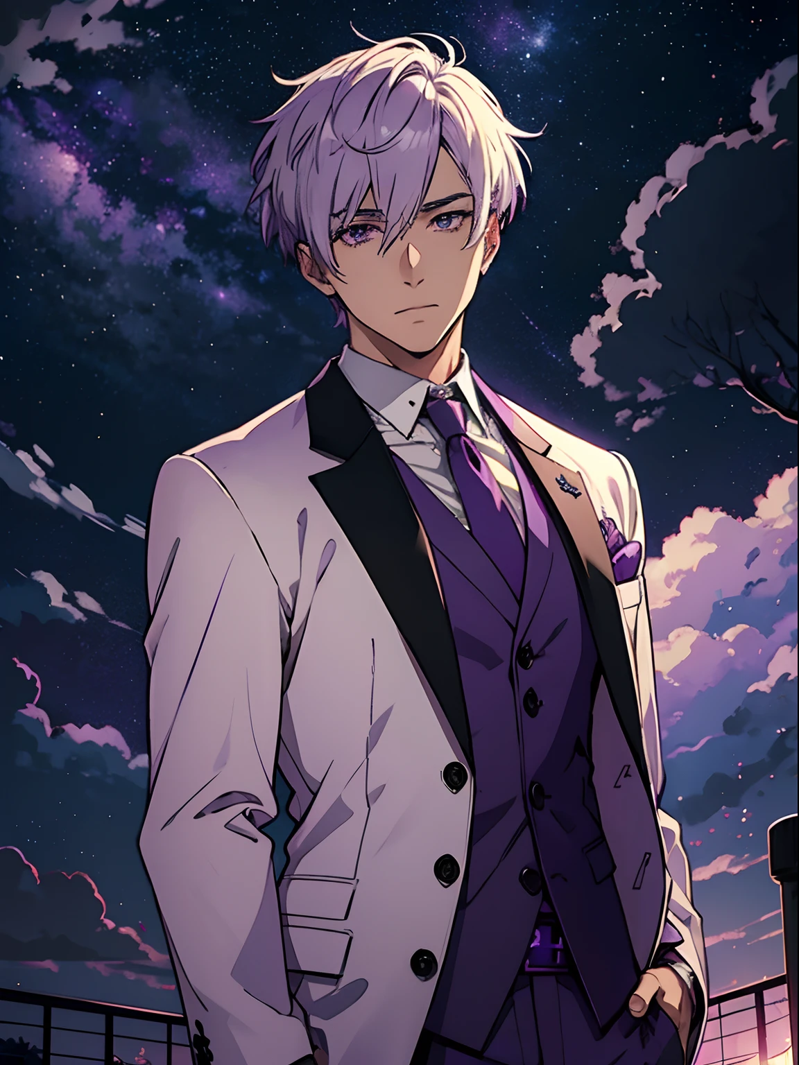 Adult Man Blonde, Purple Sky, ighly detailed, Purple clouds, white color hair, Purple Sky, purpleish color, Jackets and formal wear, stele, stars on sky,Anime style