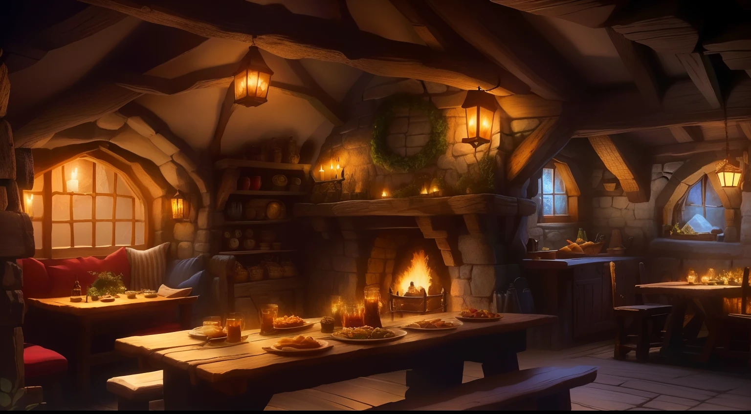 a close up of a table with a lot of food on it, a multidimensional cozy tavern, dimly-lit cozy tavern, dimly lit cozy tavern, in fantasy tavern near fireplace, medieval tavern, fantasy tavern background, cosy enchanted scene, in his hobbit home, tavern background, cozy environment, inside a medieval hobbit home, medieval cottage interior, cozy place