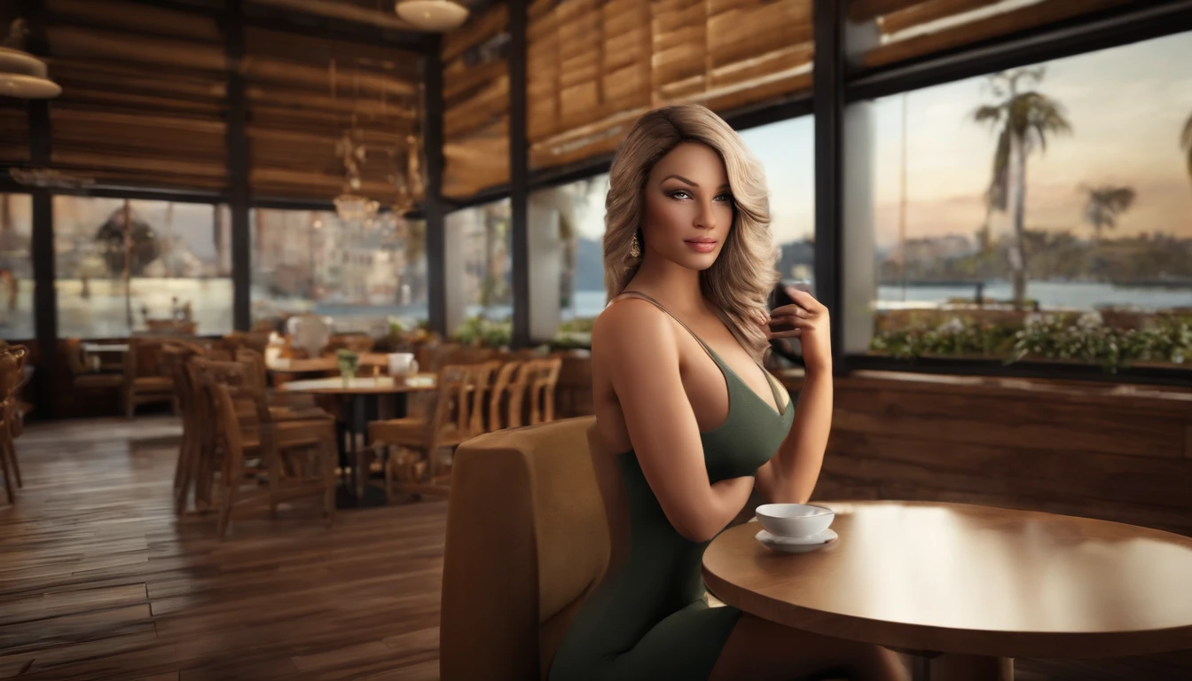 ultra realistic, Ultra high resolution, 1 menina com figura perfeita, rosto e olhos super bonitos, Cabelos Longos, Regata Sexy , Mini Saia, in a coffee shop, coffe in desk, seios grandes, clivagem exposta, salto em altura. poses sensuais.