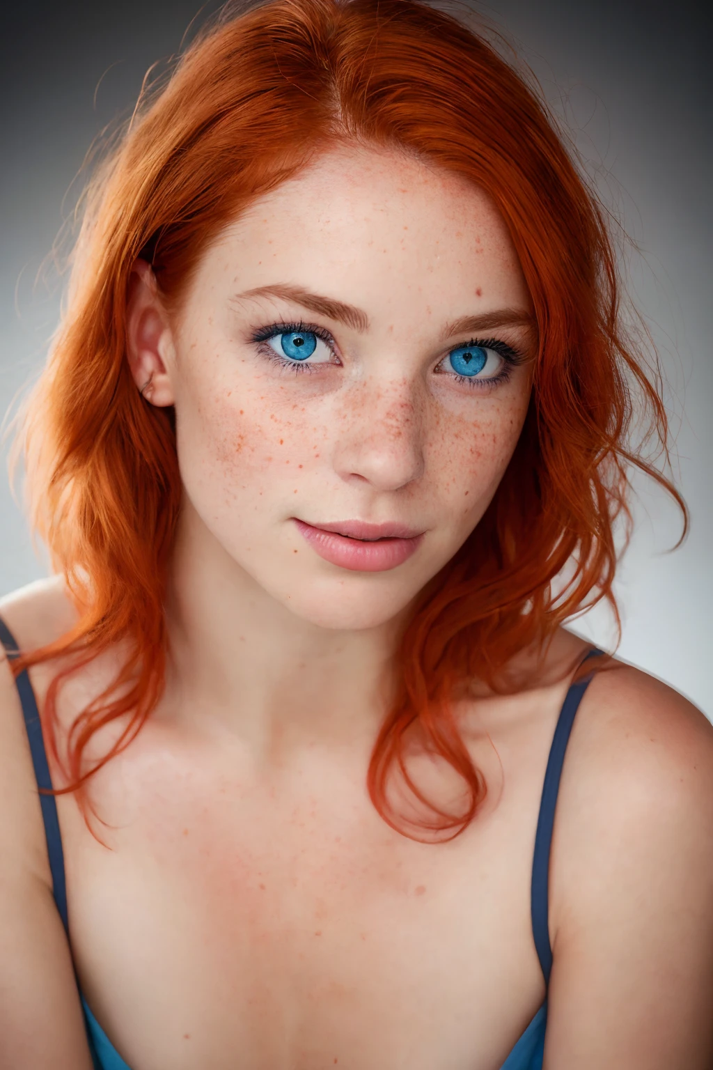 Generate a captivating close-up editorial photograph of a 30-year-old woman with striking blue eyes, fiery red hair, and a scattering of freckles across her face. Her face should be highly detailed, with a 0.7 probability of capturing a genuine smile. Place her in a moody, dimly lit private study setting, as envisioned by director Lee Jeffries. Utilize the exceptional Nikon D850 camera paired with 35mm Kodak Portra 400 film, featuring f1.6 lenses to ensure vivid and rich colors. Emphasize hyper-realism, paying meticulous attention to texture and lighting drama akin to the Cinestill 800 film. The result should be a portrait that not only embodies cinematic excellence but also exudes an abundance of intricate and lifelike details, showcasing the unique beauty of her blue eyes, red hair, and freckles.