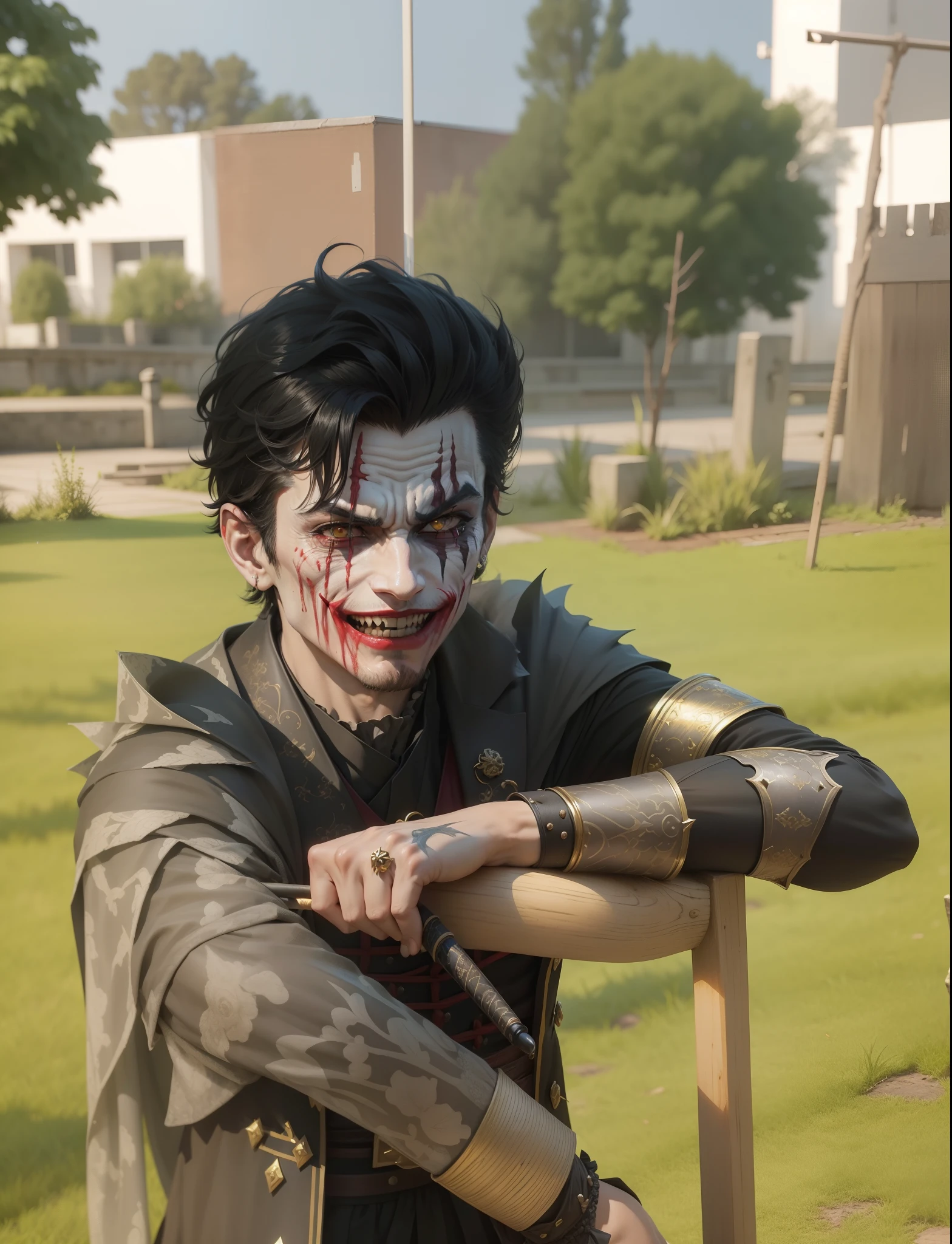 "The Joker's demonic character, The character is walking Holding a cane the color of gold ,um sorriso sinistro,corpo altamente bem feito, blood tears, in the background several clown masks floating at various angles, carta de baralho flutuando na imagem, sombrio, qualidade excepcional, multiple facial scars, Gothic style in dark samurai armor, inspirado no Batman que Ri."