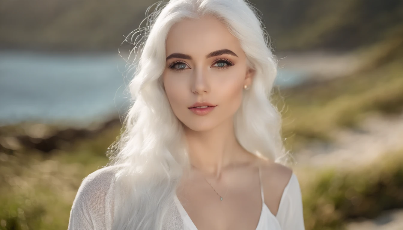 White sheer short tank top dress girl, Sexy girl with green eyes, Portrait of Sophie Mudd, (Big Eyes:1.2 ), (Subtle turquoise eyes), (Voluminous white hair:1.8), (Silver-haired hair), (large eyes), (Silver-haired hair), (large eyes), (Silver-haired hair), (large eyes), Selfie of a young woman, without makeup, natural makeup, Straight Looking at the Camera, Faces with artgrams, Subtle makeup, Amazing full-body shots, Pierced green eyes, Beautiful angles, attractive pose, Cute Girl, Sexy Pose, full body photograph, s whole body, full body shooting, Brunette Goddess, High Detail, Satisfying pose, seaside, waves, Sunny weather, shining sun