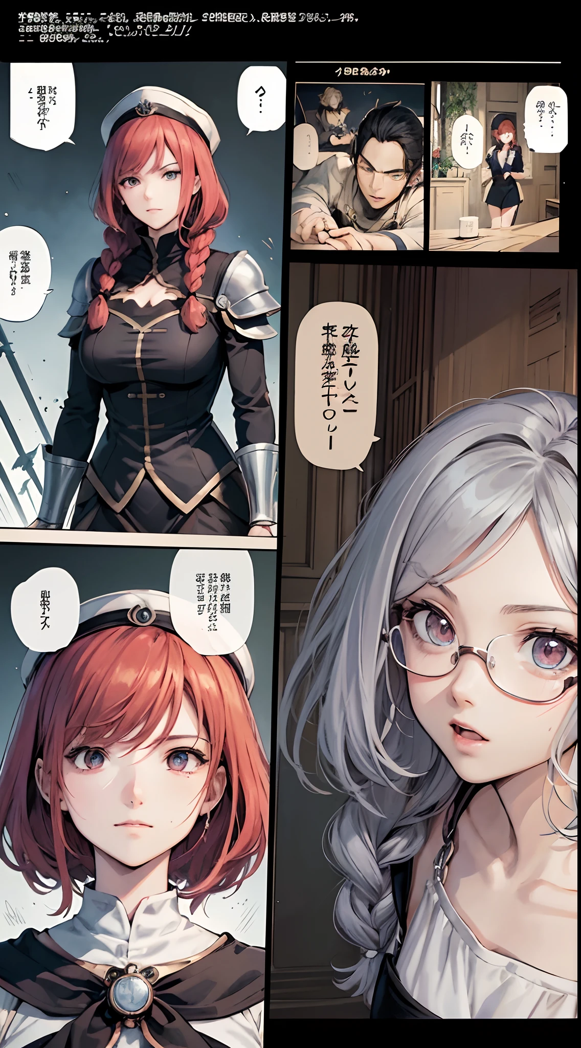 {masterpiece}, (comic book), (Concept Design of Comic Page), the style to Weekly Shonen Jump Japanese comic style,Black-red-golden hand painted comic style,((ink splashing))，((color splashing)),[watercolor style:Impasto:0.5] background,best quality,highly detailed, Beautiful and delicate face, beautiful and delicate eyes, Flower Embroidery Adventure Suit Girls, hairpin, diamond and glaring eyes,beautiful detailed cold face, {short red hair}, short wavy hair,glowing eyes,braid, goggles on headwear, medium hair,pocket watch,puffy short sleeves,silver chain,thigh strap, wrist cuffs,Demon King and Warcraft,lush botanical garden full of details and old European style library As background, dynamic angle,( comic split lens:1.1)+( Delicate black and white sketched portrait:0.8)+( highly detailed illustration:1.0)+( Multi view conversion lens:1.0),( speech bubble + speak arrow (symbol)+ Japanese castlevania adventure comic：1.2) ,buetiful girls, (((((evil, blood)))))