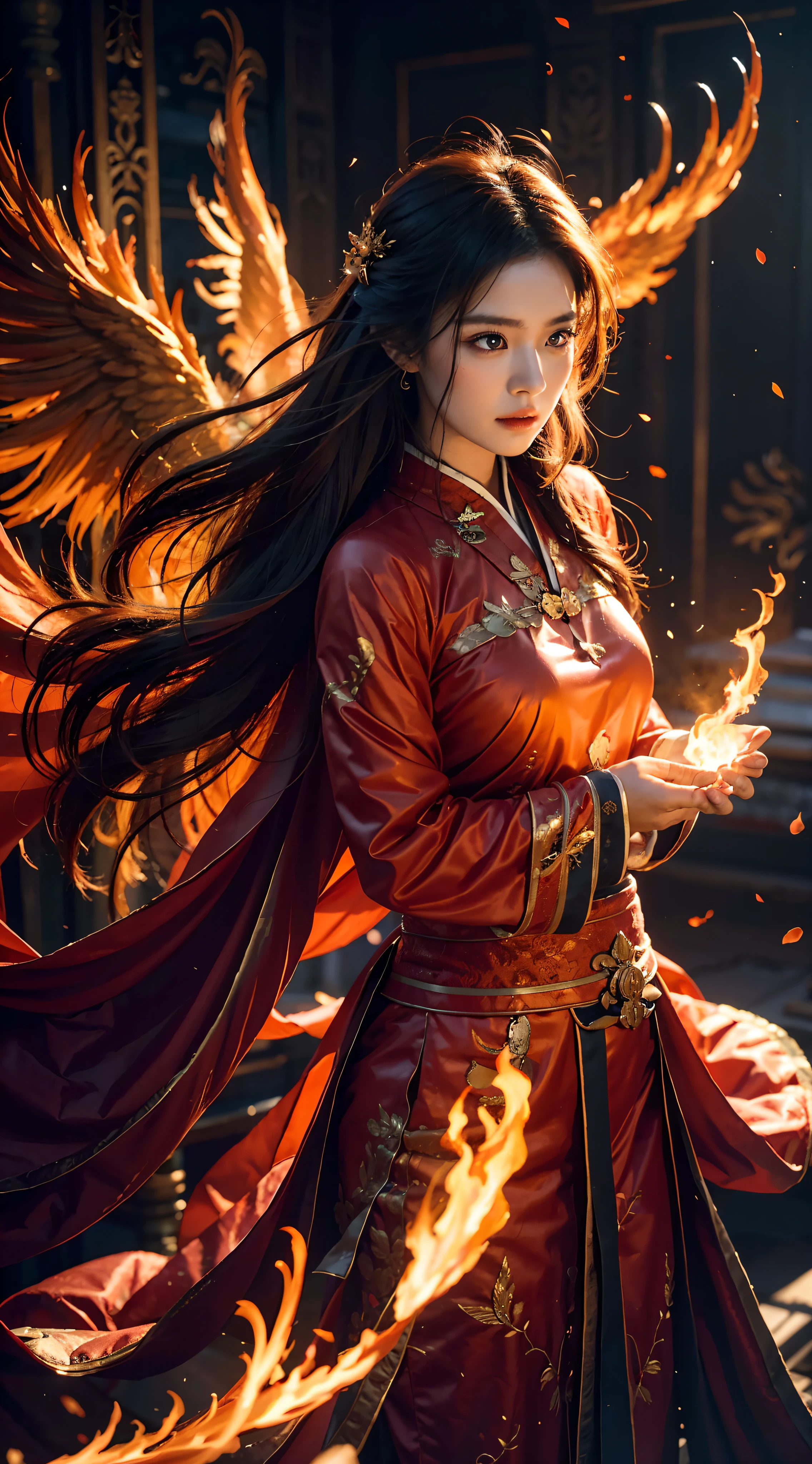 1girll，Flame mage dressed in fiery red（Chinese Hanfu），The robe was embroidered with intricate runes and ornaments，exude fiery breath。He was tall and strong，Hands up，A powerful fire spell is being unleashed。His eyes were firm and sharp，A flash of fire flashed in his eyes，Behind the Flame Mage，（A huge flaming phoenix flew with its wings spread：1.2），（The wings of the phoenix burned with a roaring flame），shining brightly，Its body is surrounded by flames，Fiery wings danced，Form a spectacular fiery six-pointed star array pattern，Full of mysterious magic，The whole scene is full of fiery aura and passion for fighting，A large area of flame spells bloomed in the air，A brilliant arc of flames and flying sparks was formed，（Phoenix with Flame Mage），It looks majestic and mysterious in the midst of raging fire，Like the incarnation of fire and magic，red hair，high detal，Ultra-realistic realism，Verism，（（Bust Photo）），（Real Photographics：1.4），（lightand shade contrast），cinmatic lighting，Realistic special effects，C4D Rendering，rendering by octane，Ray traching，in a panoramic view，angle of view，textured skint，super detailing，hyper HD，tmasterpiece，anatomy correct，best qualtiy，hight resolution，8K