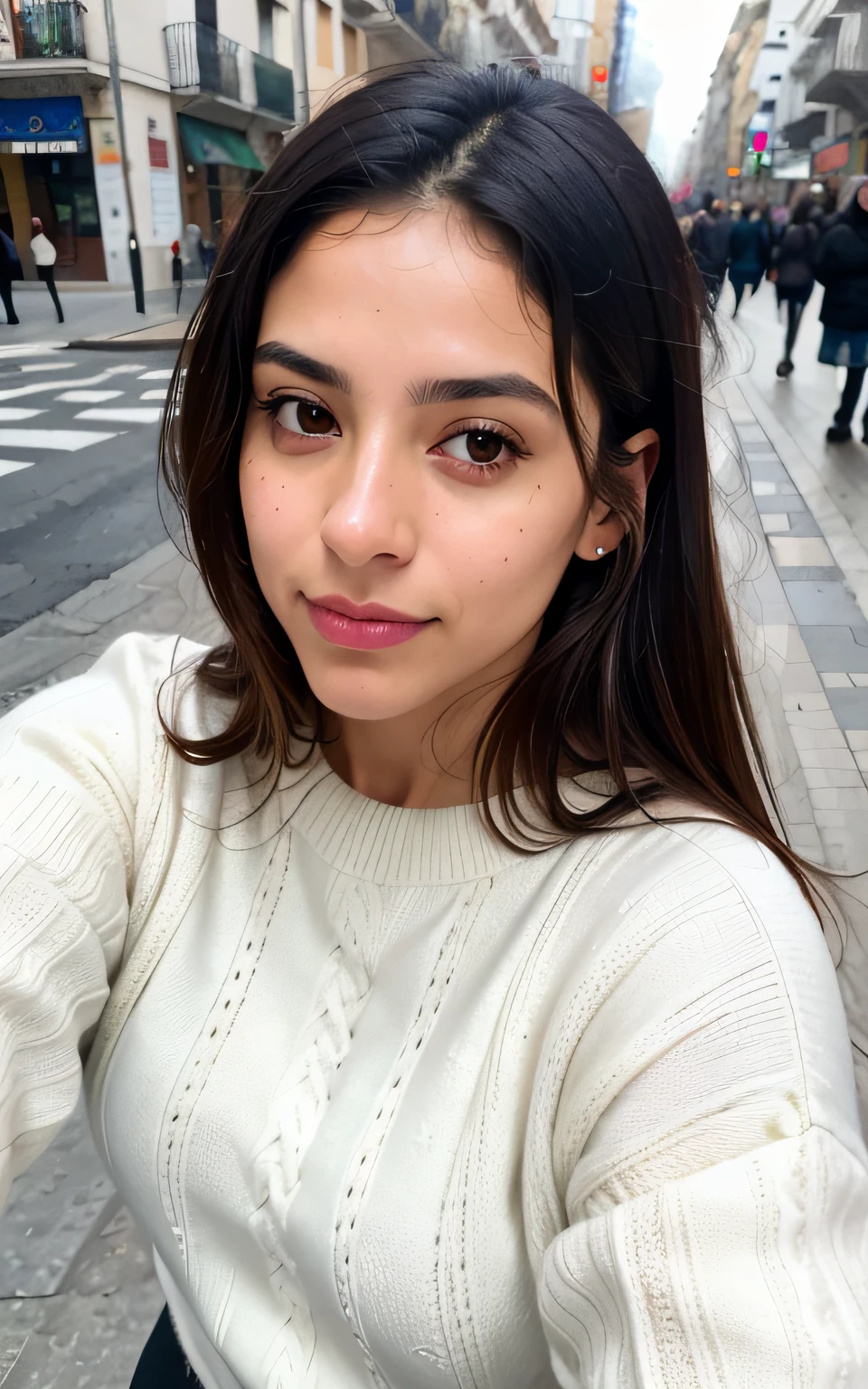 photorealistic, sharp focus, raw photo, amateur photo, beautiful 29 y.o latina-spanish girl, take a selfie, , oversized sweater, detailed skin pores & face texture, pores, (goosebumbs:0.7), dynamic pose, looking at viewer, face focus, taken with mobile cam, film grain