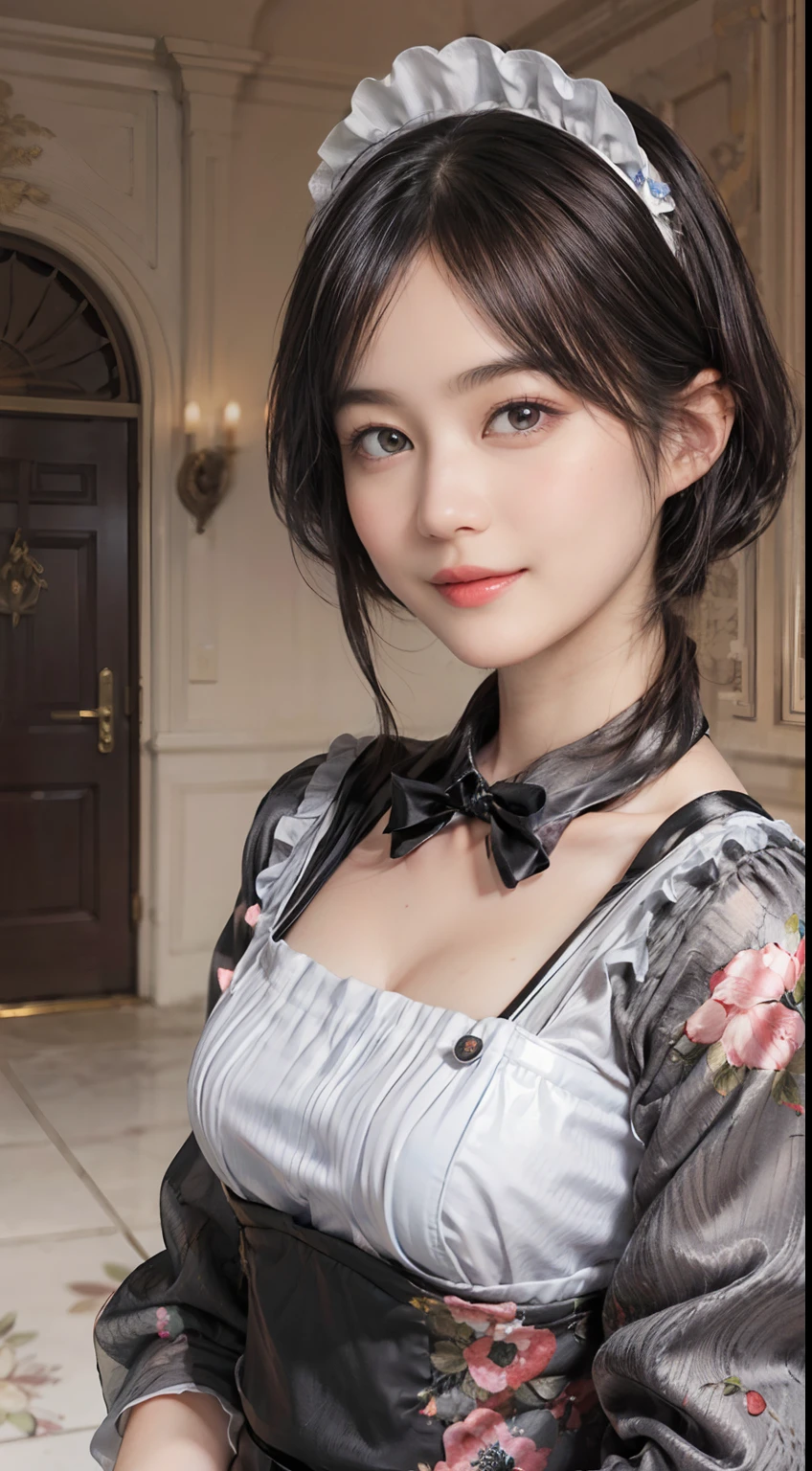 09
(Black Shorthair:1.3), (a 20 yo woman), (A hyper-realistic), (masutepiece), (8KUHD), Beautiful woman, A smile, (Floral Maid Clothing:1.2), wide々and luxurious entrance, Stand in a room with a large depth, (Focus on the face:1.23)