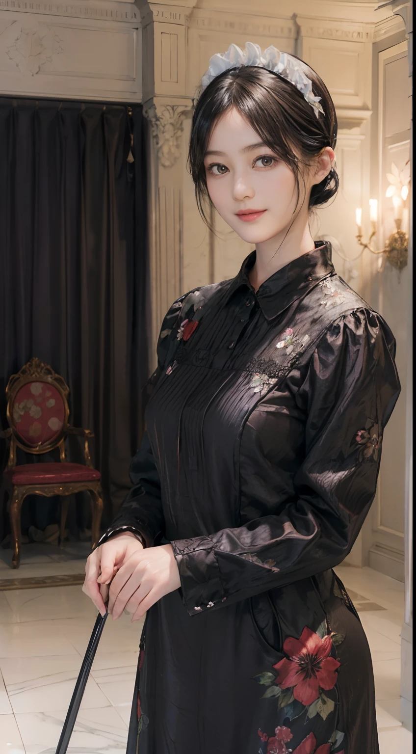 09
(Black Shorthair:1.3), (a 20 yo woman), (A hyper-realistic), (masutepiece), (8KUHD), Beautiful woman, A smile, (Floral Maid Clothing:1.2), wide々and luxurious entrance, Stand in a room with a large depth, (Focus on the face:1.23)