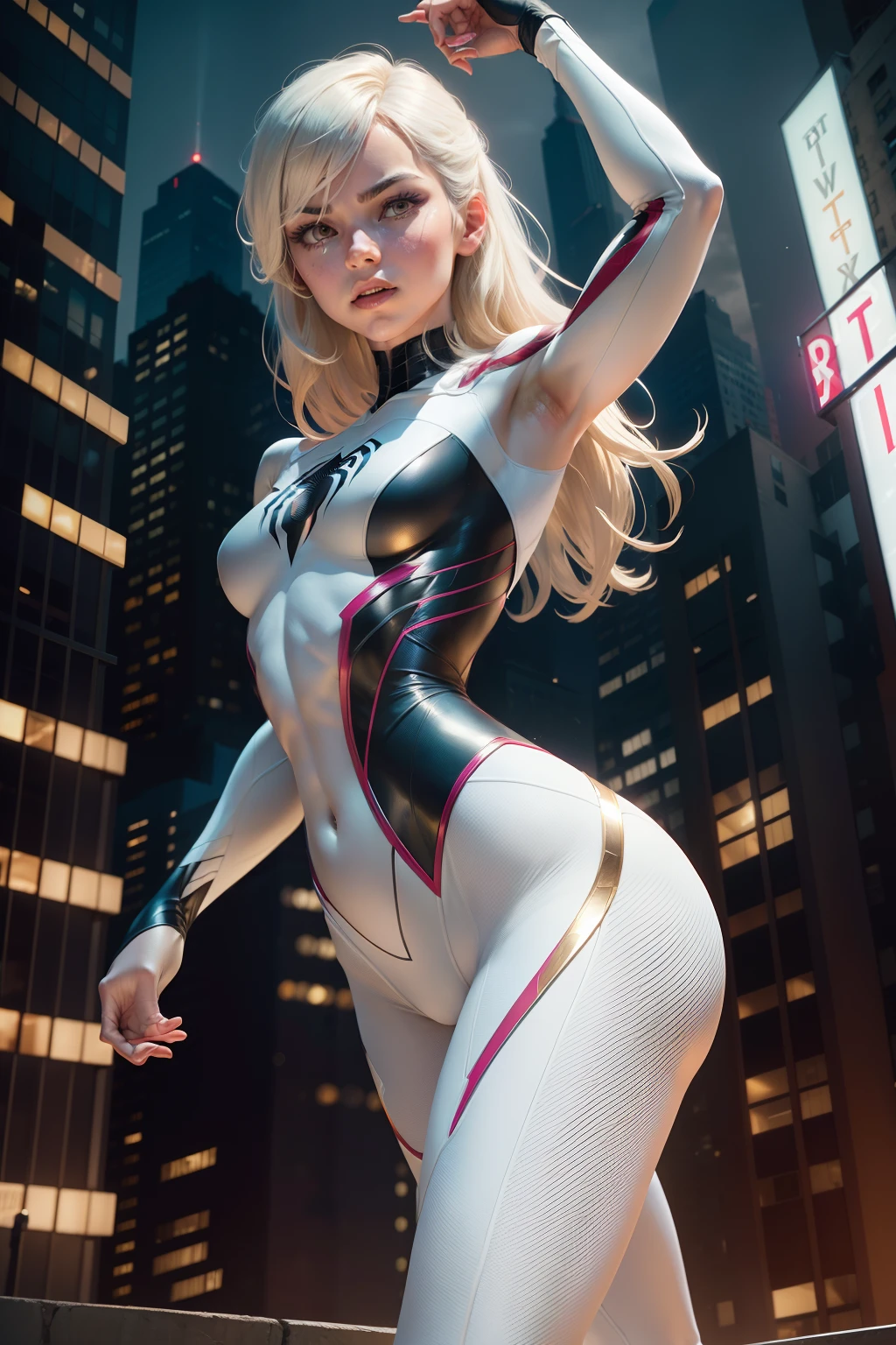 Female Spider-Man Gwen,White suit,Black spider symbol,Ballet Shoes,Golden ratio body, Flexible body,Calm expression,New York City at night,Handsome gestures,heroism,majestic appearance,Abs