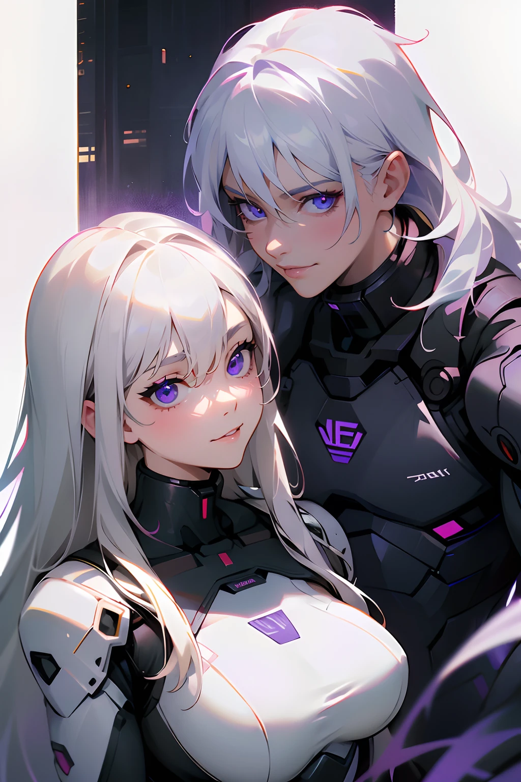 Masterpiece, best quality, realistic, super detailed, portrait of a bustling day scenery in a fallen city, dark background, one white hair man with purple eyes and one white hair woman with blue eyes next to each other, black future combat suit with a tint of purple, a match made in heaven, ready for battle, both smiling, looking at the viewer, visible faces
