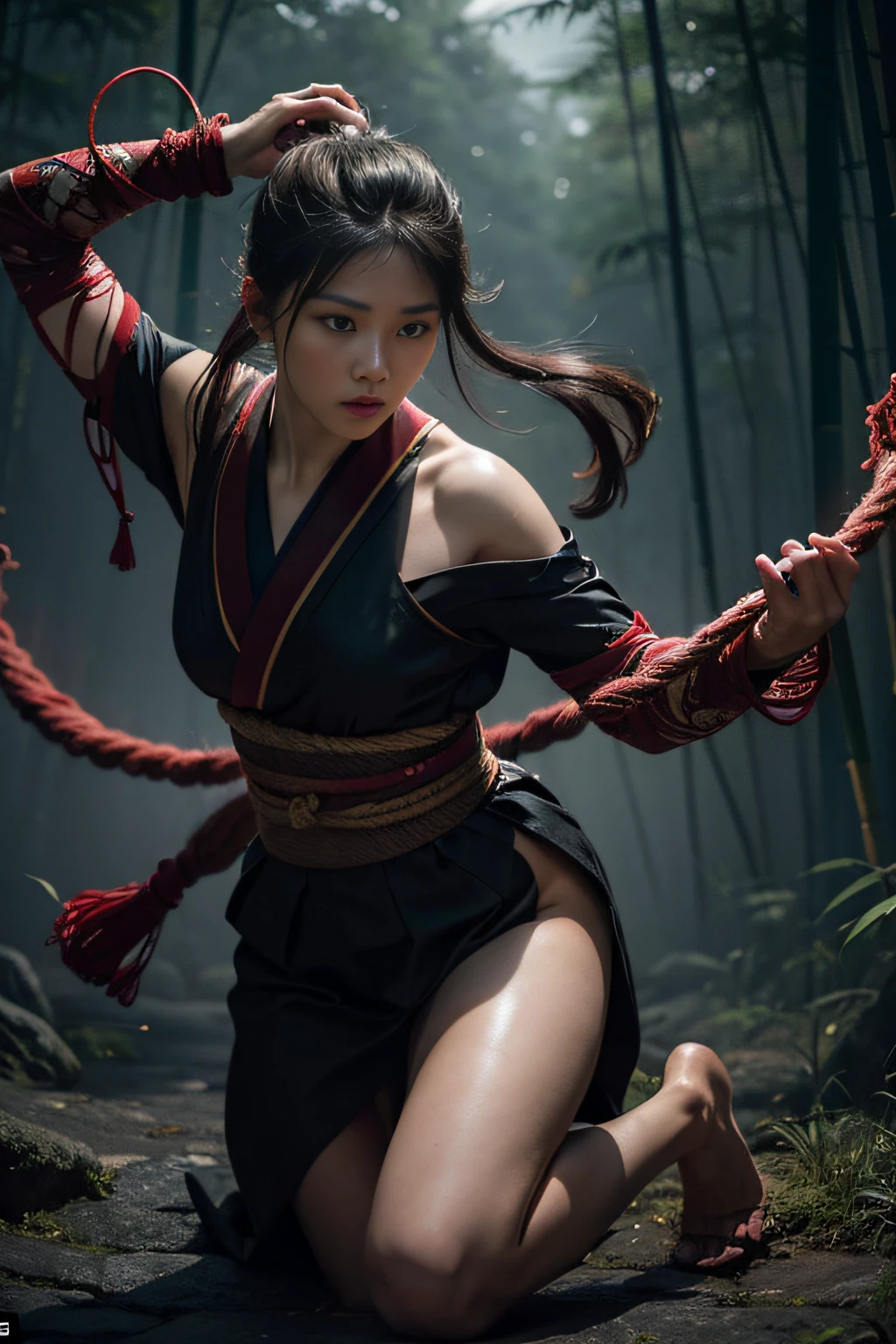 (Masterpiece:1.2),(Best Picture Quality,4k,8k,High Resolution),Super Detail,(Realistic,Realistic,Realistic:1.37),Ninja girl captured by enemies, delicate brushwork, elaborate kimono, fierce eyes, delicate facial features, flowing black hair, hidden weapon, bamboo forest background, tied with rough rope, kneeling, costume half torn, dark and mysterious atmosphere, graceful movement, delicate lighting, dynamic composition, half torn. Background bound with rough rope, costume half torn, dark mysterious atmosphere, graceful movement, delicate lighting, dynamic composition, vivid colors, traditional Japanese painting style, harmonious tones, red and black