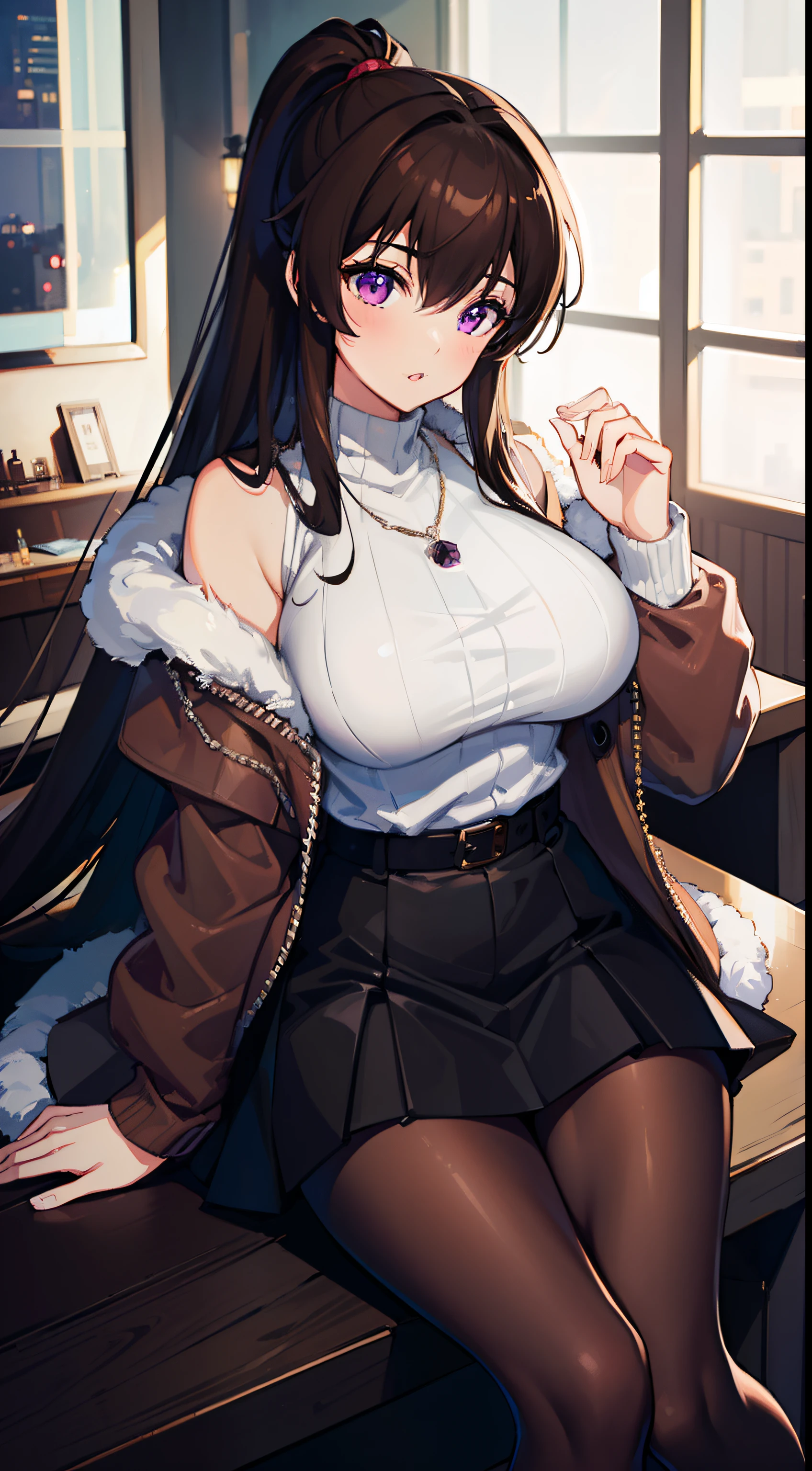 (((Best quality))), 1girl, brown hair, sweater, fur-trimmed jacket, large breasts, purple eyes, long hair, defaultskin, skirt, pantyhose, Japanese, necklace, sitting