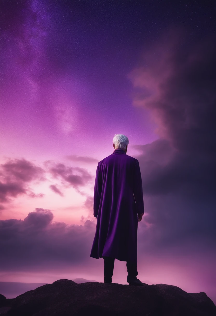 Adult Man Blonde, Purple Sky, ighly detailed, Purple clouds, white color hair, Purple Sky, purpleish color, Dal Arrival, stele, stars on sky