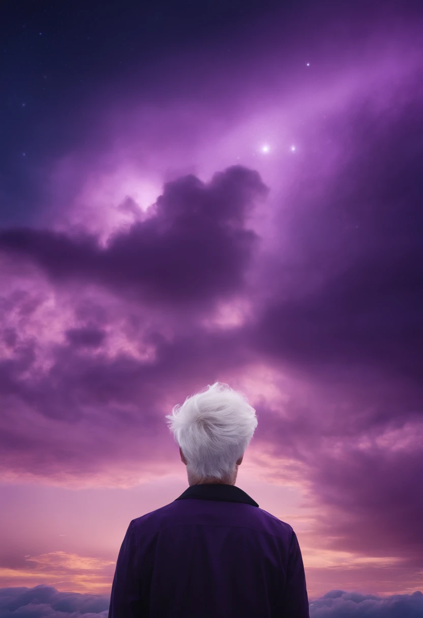 Adult Man Blonde, Purple Sky, ighly detailed, Purple clouds, white color hair, Purple Sky, purpleish color, Dal Arrival, stele, stars on sky