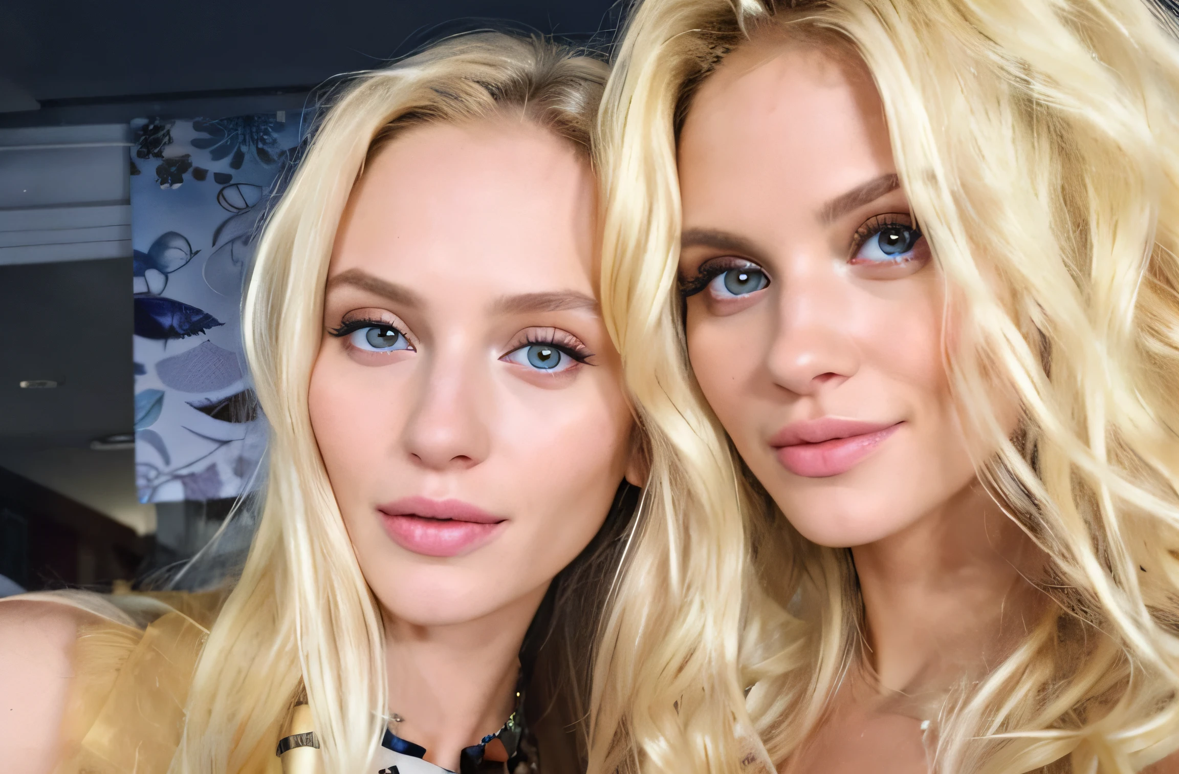 two women posing for a picture in a photo booth, szekely bertalan and lotz karoly, one blonde and one brunette, blonde women, two beautiful women in love, two models in the frame, long blonde hair and large eyes, yelena belova, blonde, inspired by Károly Lotz, olga buzova