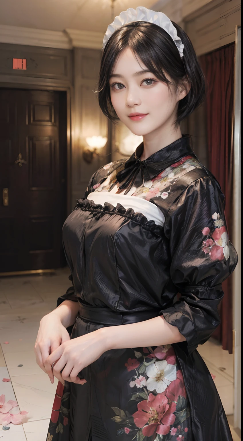 09
(Black Shorthair:1.3), (a 20 yo woman), (A hyper-realistic), (masutepiece), (8KUHD), Beautiful woman, A smile, (Floral Maid Clothing:1.2), wide々and luxurious entrance, Stand in a room with a large depth, (Focus on the face:1.23)
