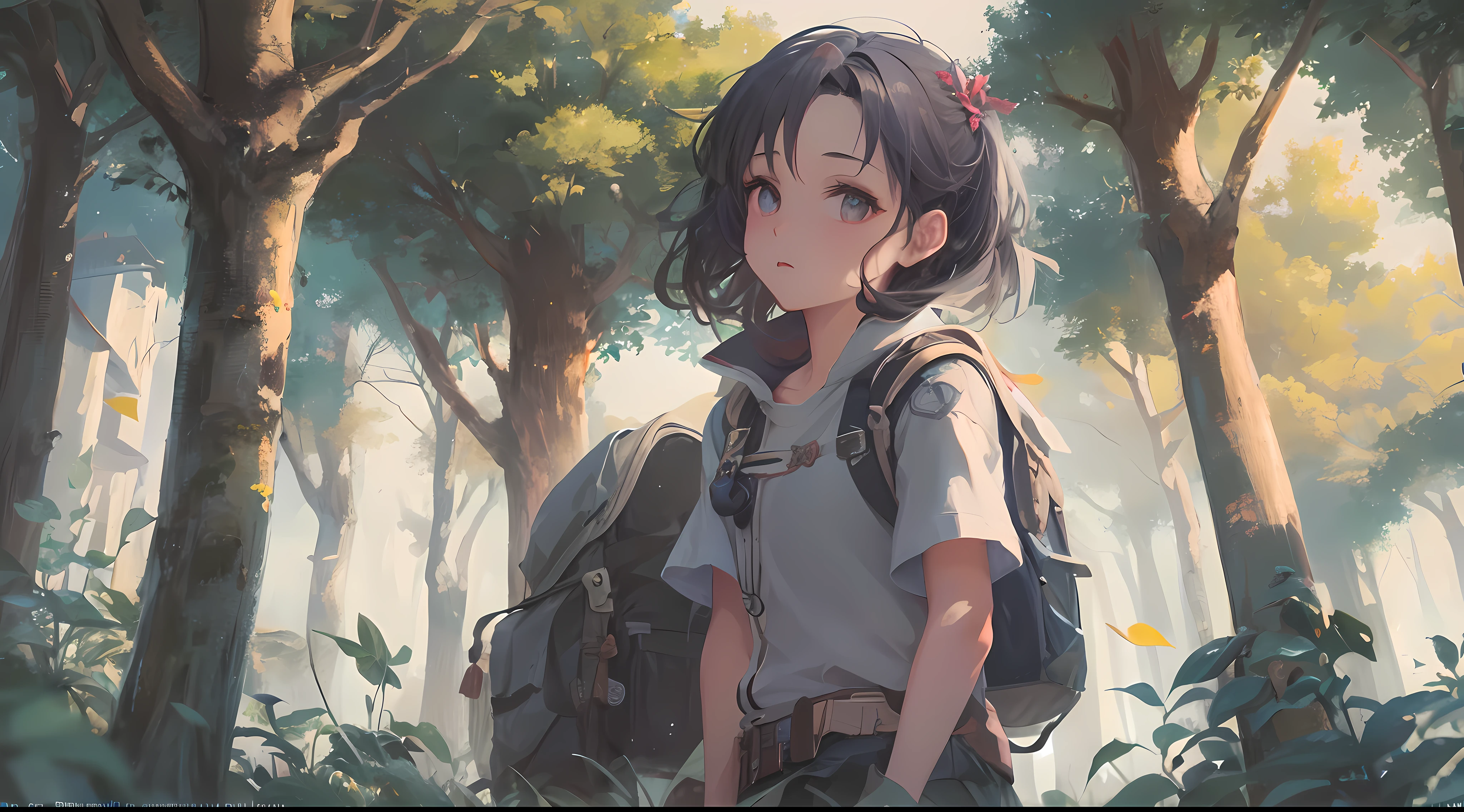Generate a masterpiece, anime, viewed from front upcloser look, melancholy of five or more children's enjoying themselves while roaming, forest, backpack, trees, sun, sunlight, hd wallpaper, ( ( makoto shinkai ) ), official art, guweiz and makoto shinkai, artwork in the style of guweiz, guweiz, ross tran and makoto shinkai, guweiz on pixiv artstation