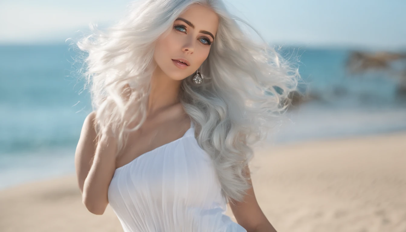 White sheer short tank top dress girl, Sexy girl with green eyes, Portrait of Sophie Mudd, (Big Eyes:1.2 ), (Subtle turquoise eyes), (Voluminous white hair: 1.8), (Silver-haired hair), (large eyes), (Silver-haired hair), (large eyes), (Silver-haired hair), (large eyes), Selfie of a young woman, without makeup, natural makeup, Straight Looking at the Camera, Faces with artgrams, Subtle makeup, Amazing full-body shots, Pierced green eyes, Beautiful angles, attractive pose, Cute Girl, Sexy Pose, full body photograph, s whole body, full body shooting, Brunette Goddess, High Detail, Satisfying pose, seaside, waves, Sunny weather, shining sun, (Hair blowing in the breeze)
